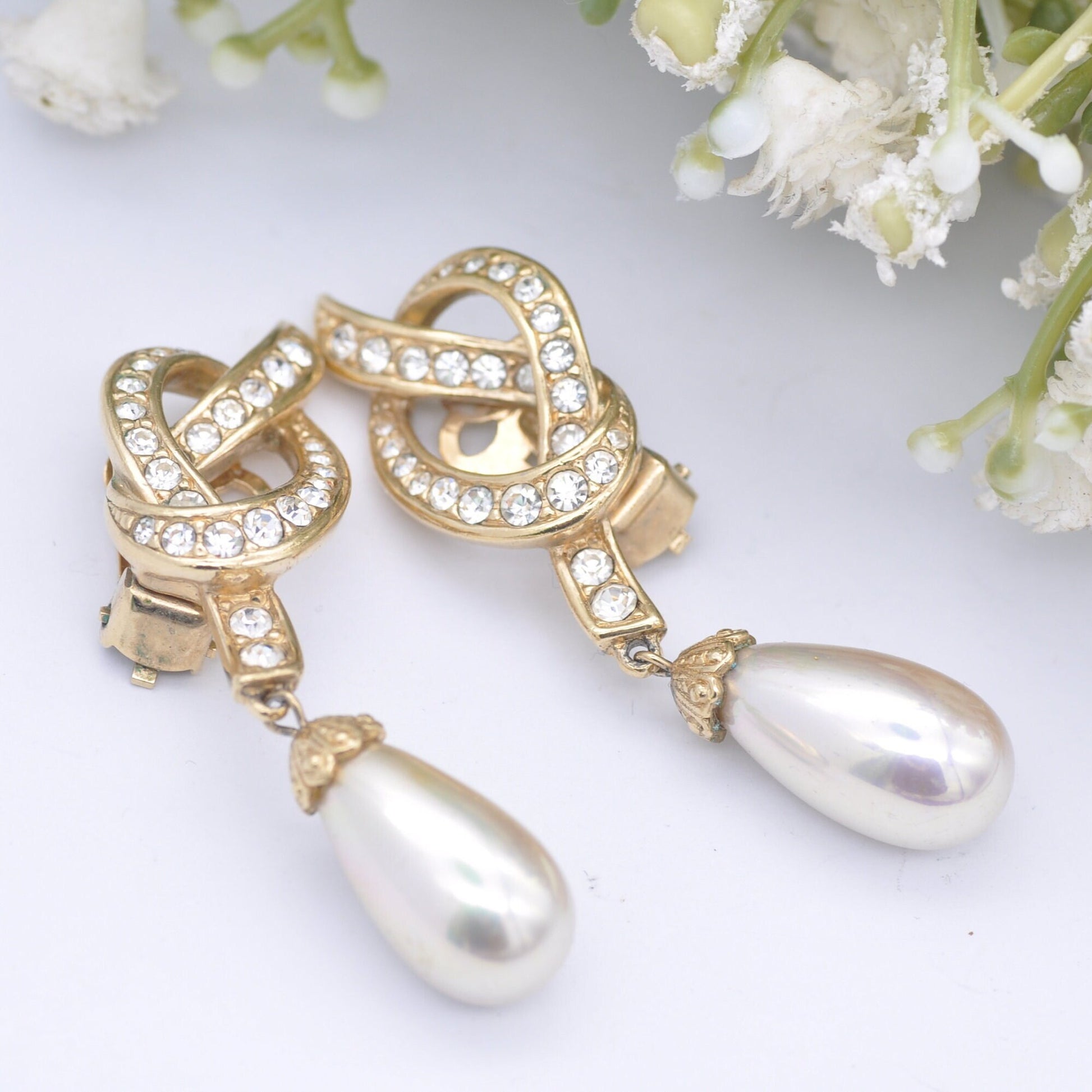 Vintage Attwood and Sawyer Clip-On Earrings with Faux Pearl Drops A&S - Sparkly Rhinestone Clip Ons