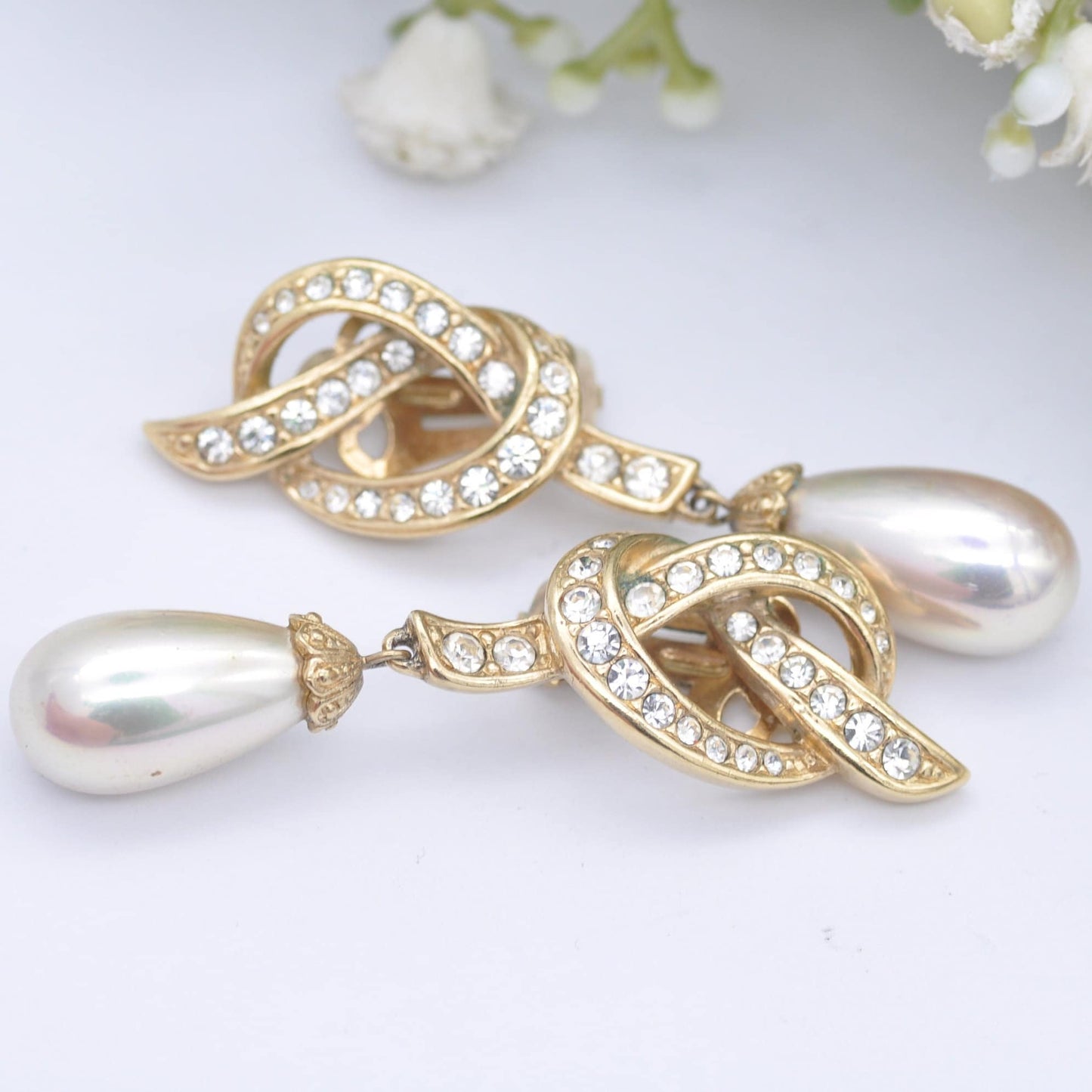 Vintage Attwood and Sawyer Clip-On Earrings with Faux Pearl Drops A&S - Sparkly Rhinestone Clip Ons