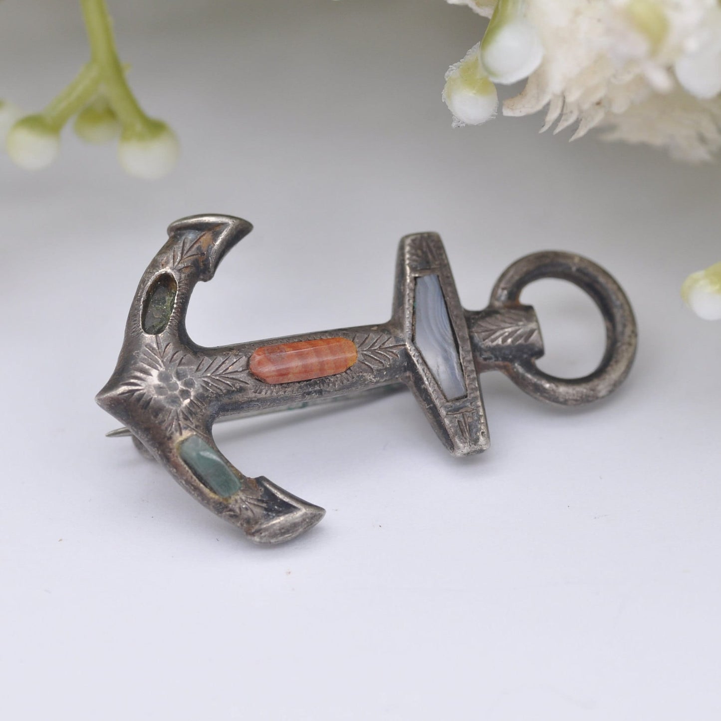 Antique Sterling Silver Scottish Agate Anchor Brooch 1909