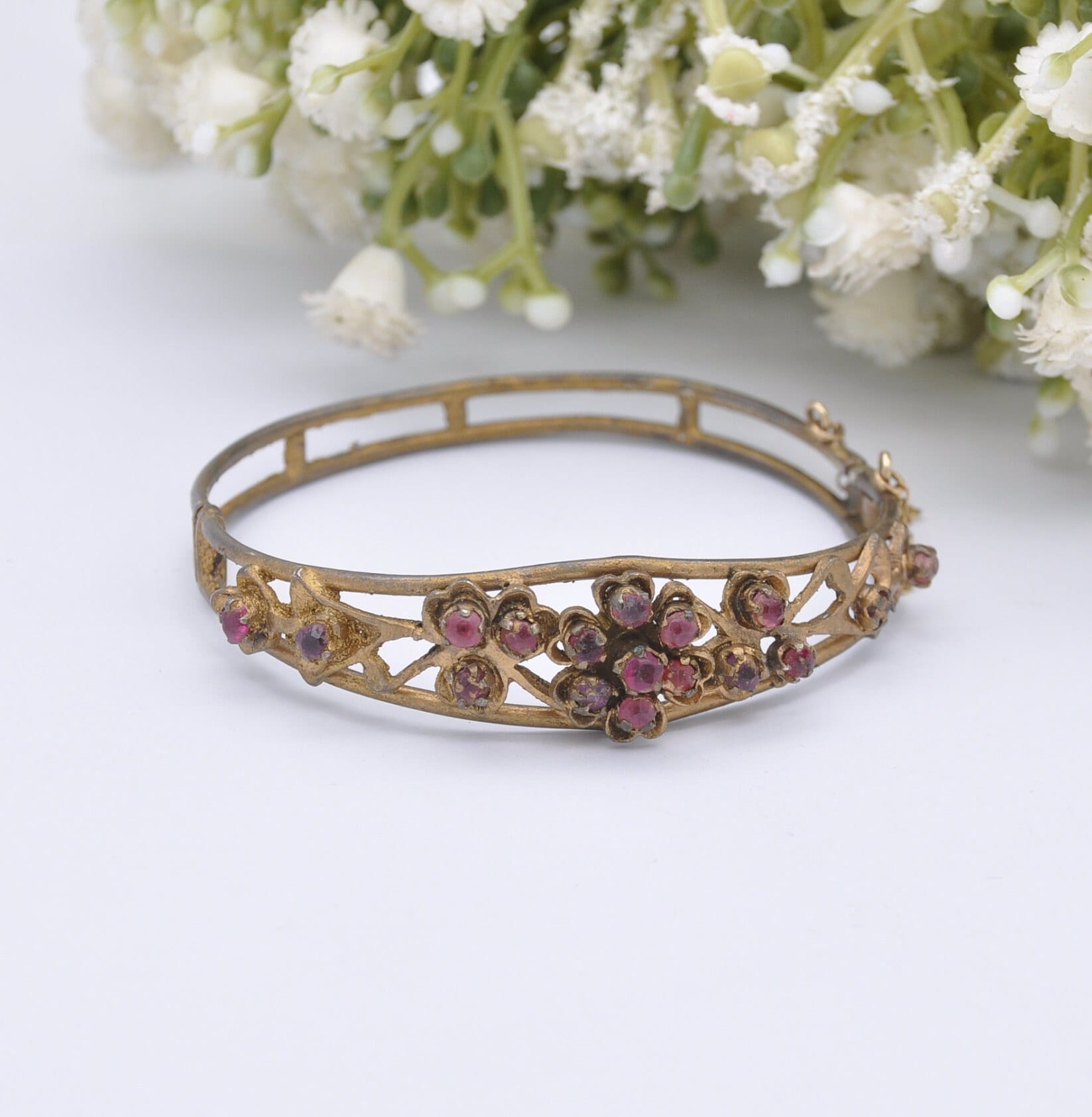 Antique Victorian Red Paste Flower Bangle Bracelet