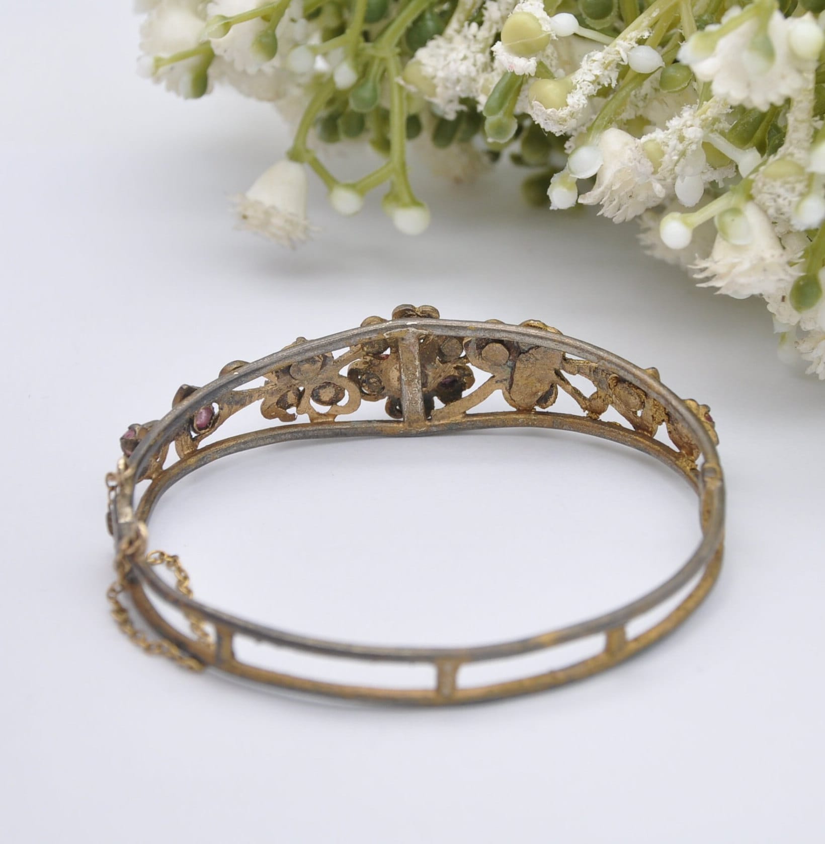 Antique Victorian Red Paste Flower Bangle Bracelet