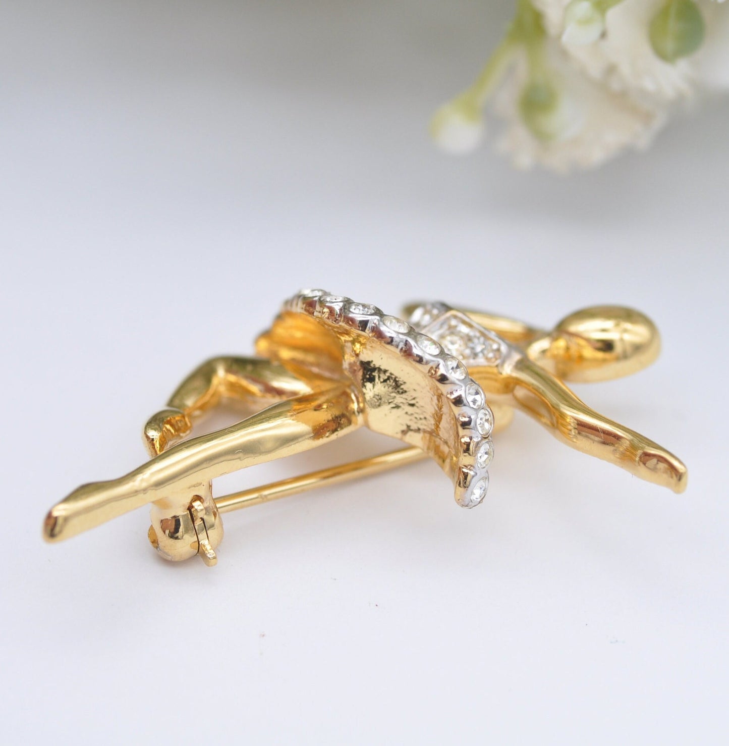 Vintage D'Orlan Ballerina Brooch - Rhinestone Gold Tone Dancer Pin