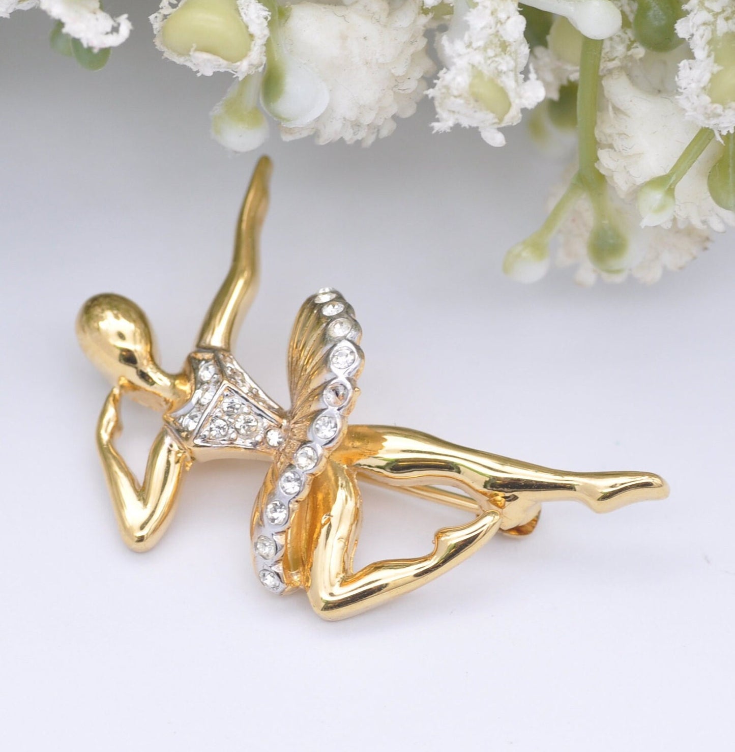 Vintage D'Orlan Ballerina Brooch - Rhinestone Gold Tone Dancer Pin