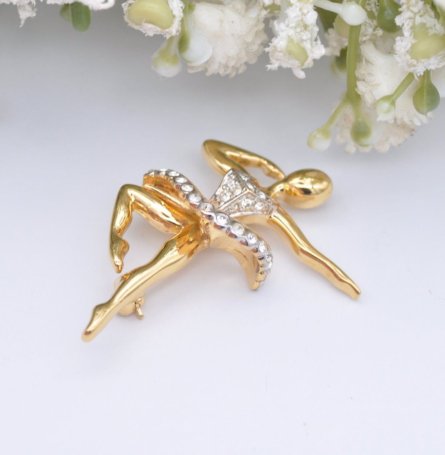 Vintage D'Orlan Ballerina Brooch - Rhinestone Gold Tone Dancer Pin