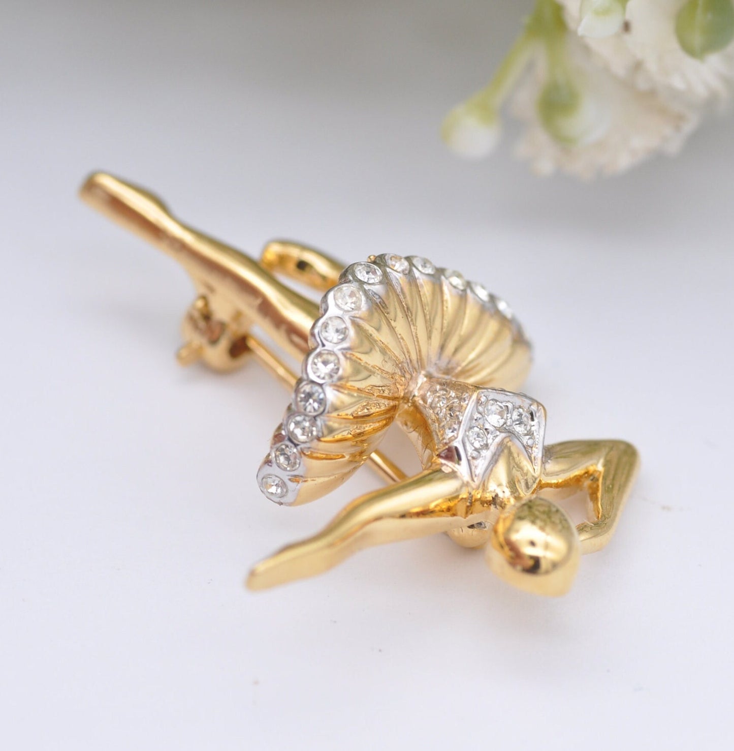 Vintage D'Orlan Ballerina Brooch - Rhinestone Gold Tone Dancer Pin