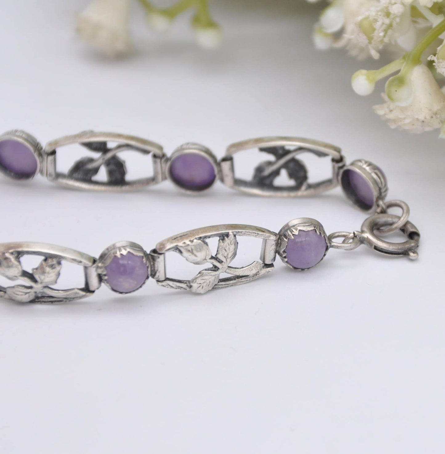 Vintage Sterling Silver Amethyst Bracelet - Floral Leaf Design