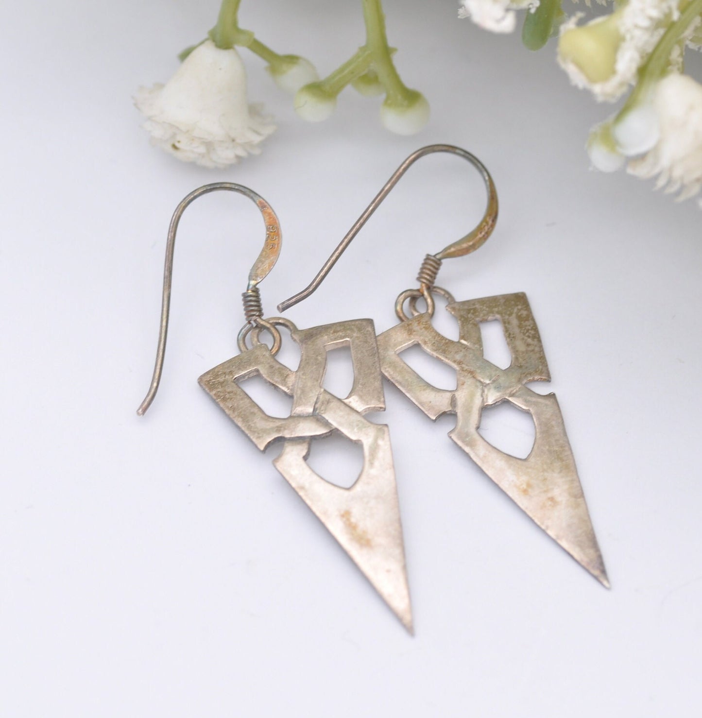 Vintage Sterling Silver Celtic Cross Drop Earrings - Viking Arrowhead Design