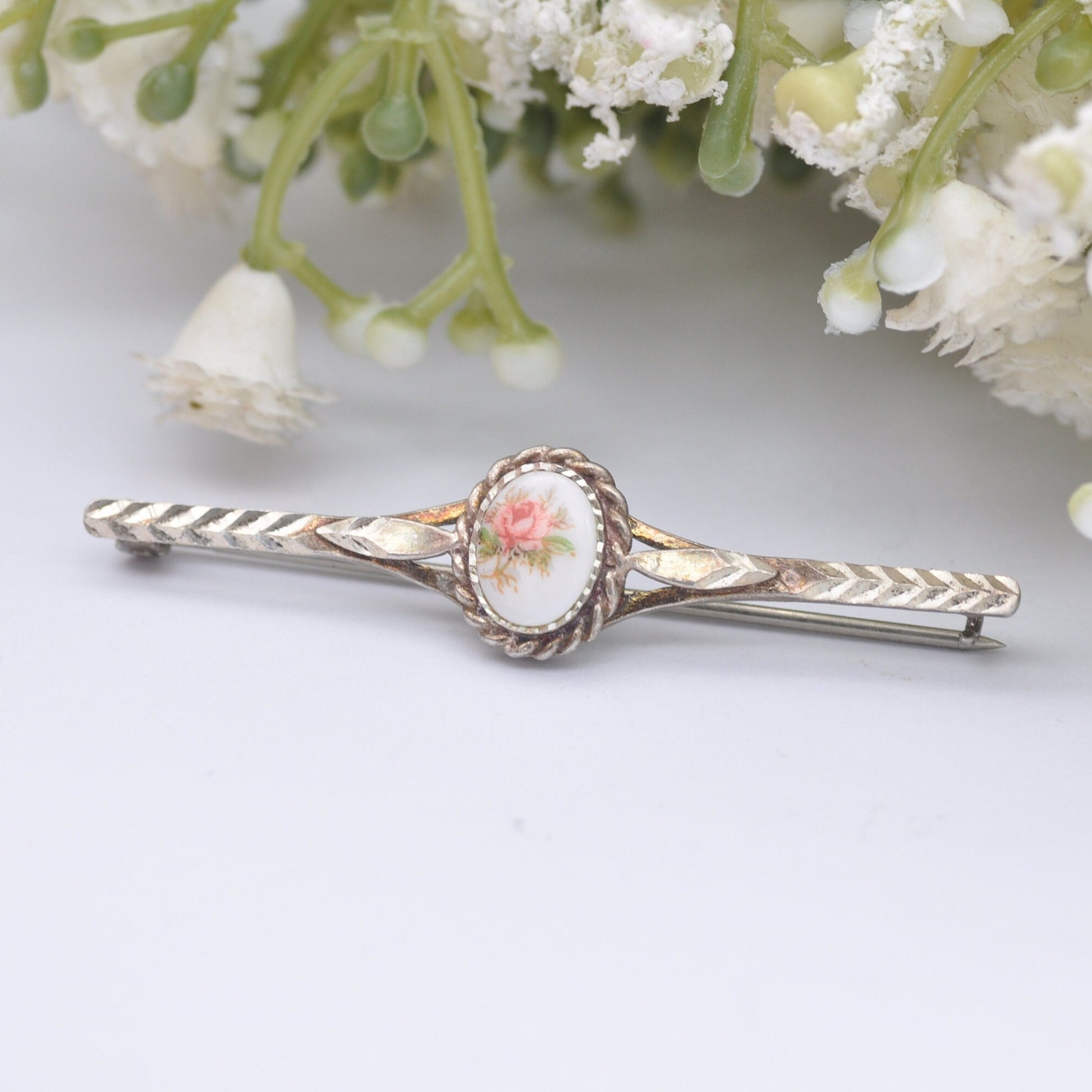 Vintage Silver Flower Bar Brooch - Painted Pink Rose