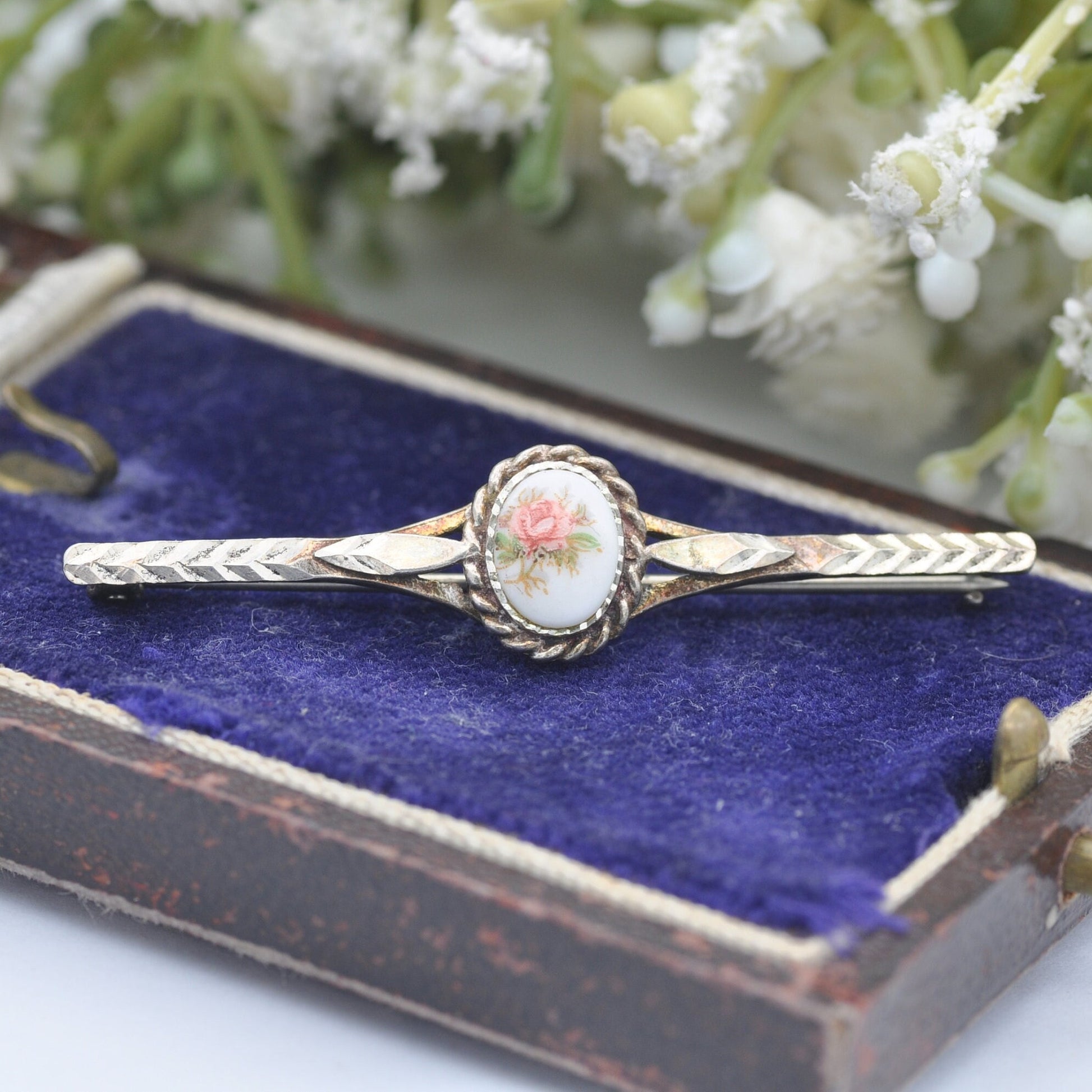 Vintage Silver Flower Bar Brooch - Painted Pink Rose