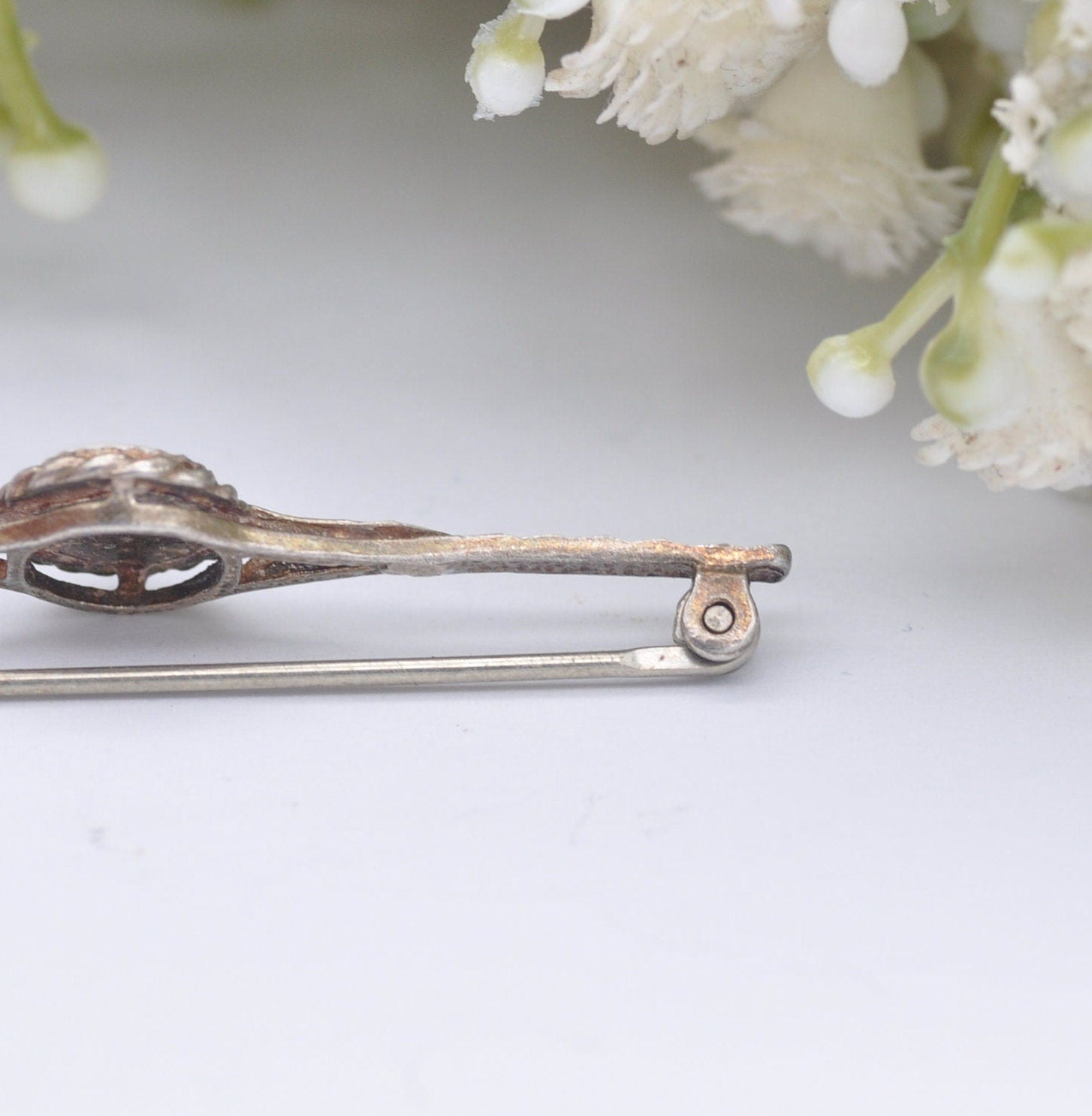 Vintage Silver Flower Bar Brooch - Painted Pink Rose