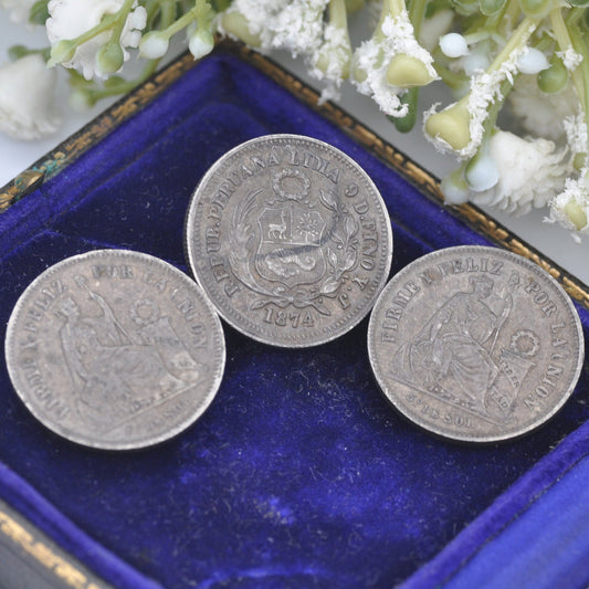 Antique Silver Coin Button Set - Peru 1/5 Sol 1867 and 1874 | Peruvian Silver Coin