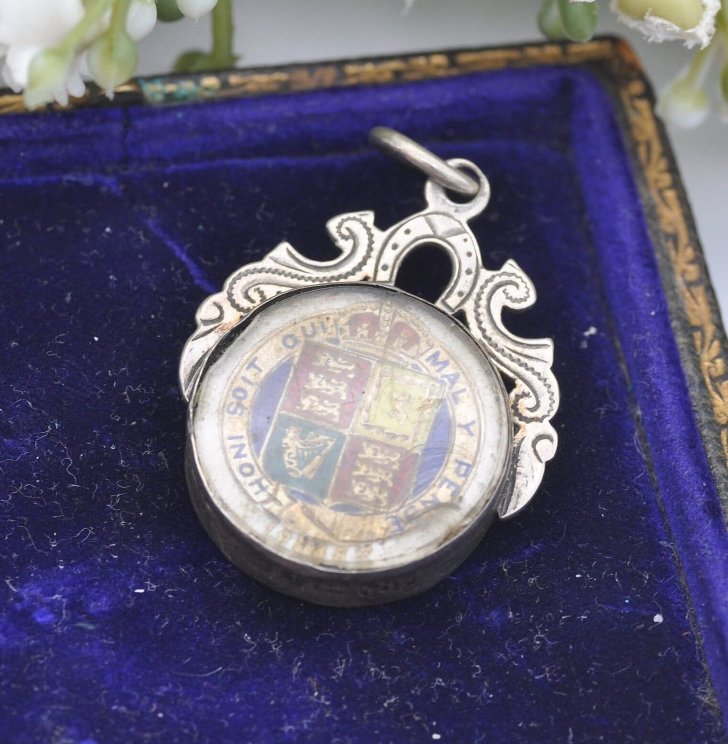 Antique Victorian Sterling Silver 1887 One Shilling Enamelled Coin in Sterling Silver Lucky Horseshoe Fob Mount 1891