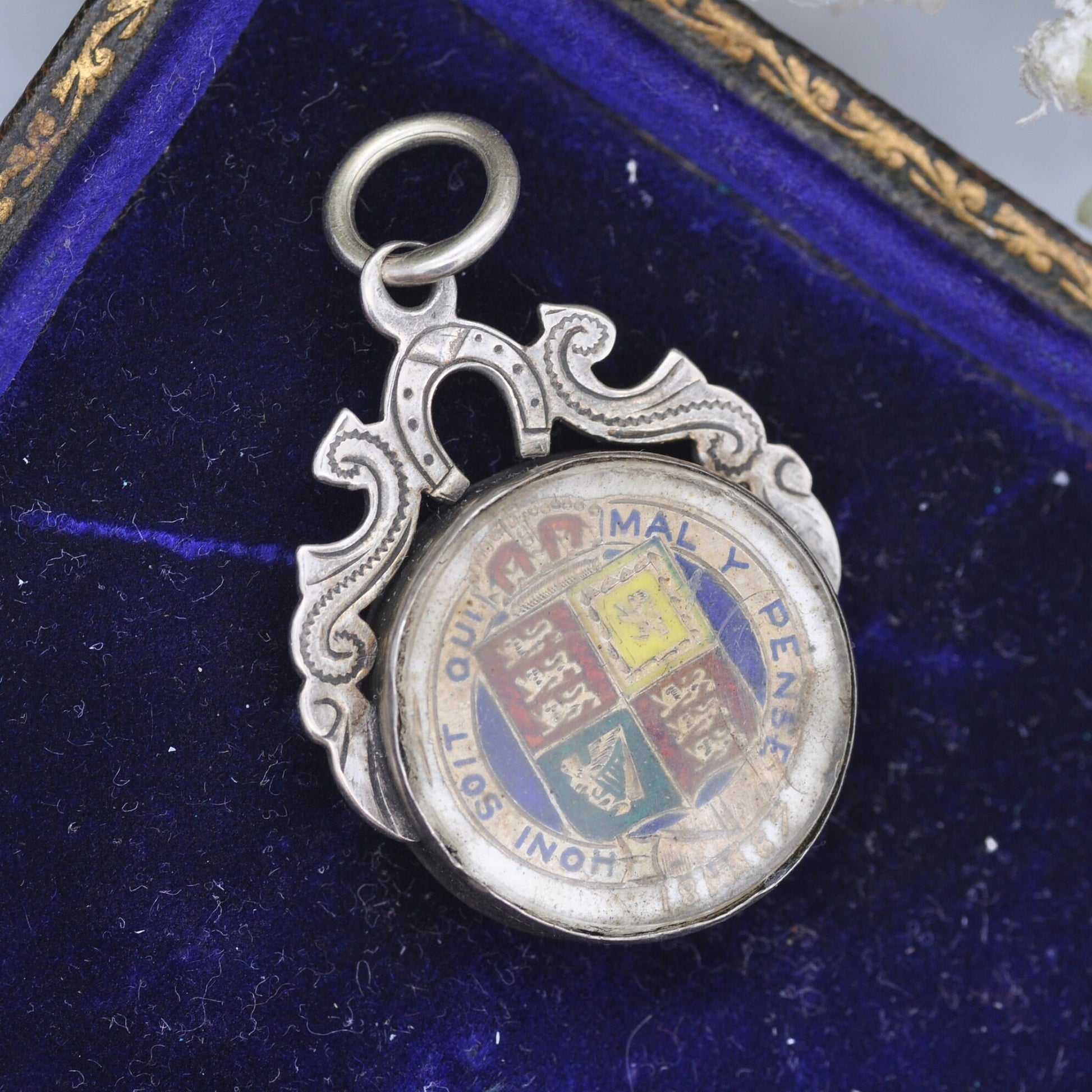 Antique Victorian Sterling Silver 1887 One Shilling Enamelled Coin in Sterling Silver Lucky Horseshoe Fob Mount 1891