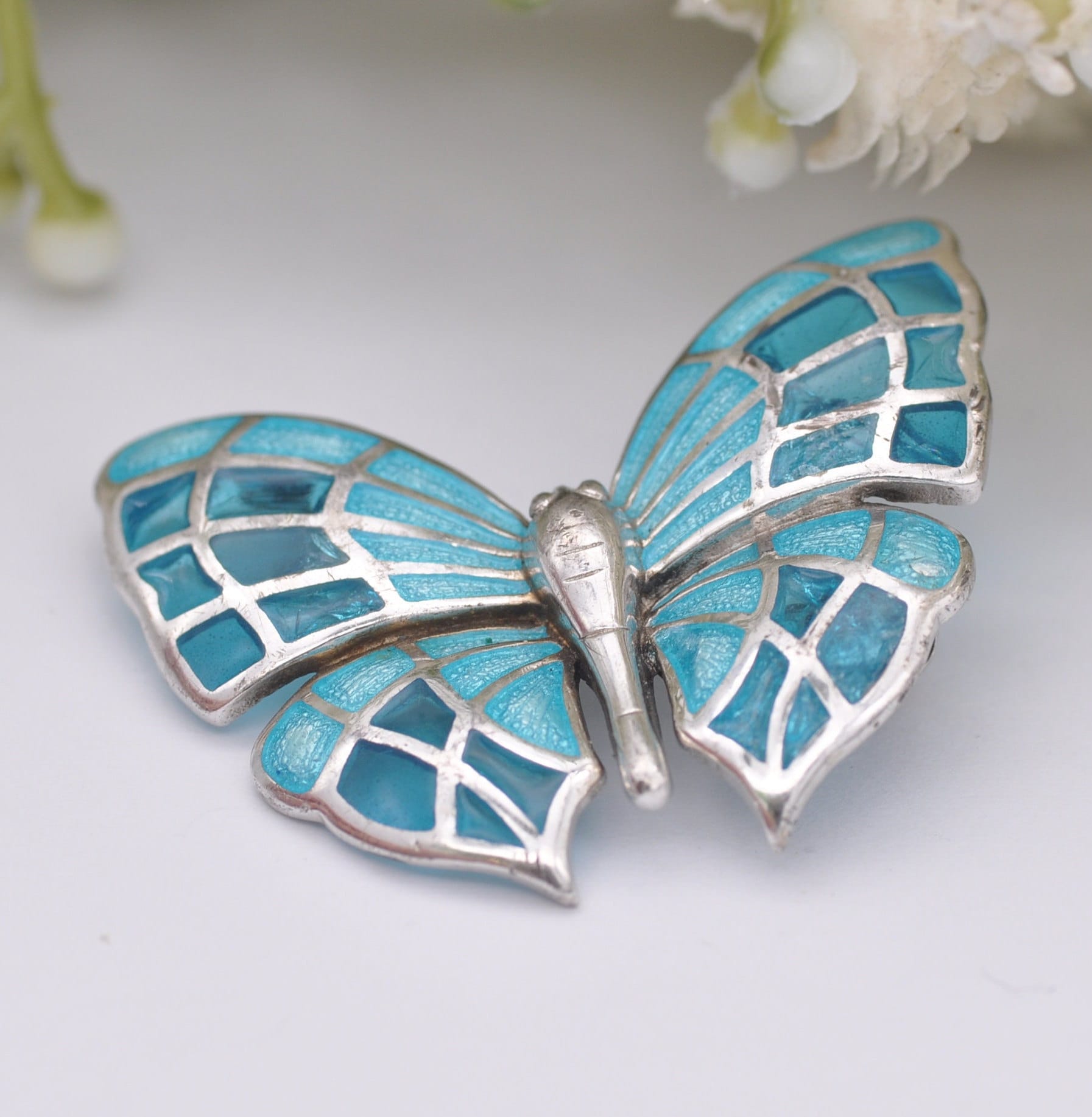 Vintage Fish Sterling Silver Plique-à-Jour Butterfly Brooch