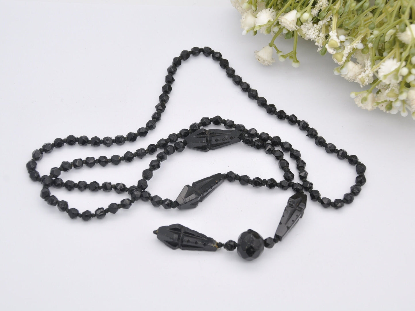 Antique French Jet Necklace - Long Black Beaded Glass