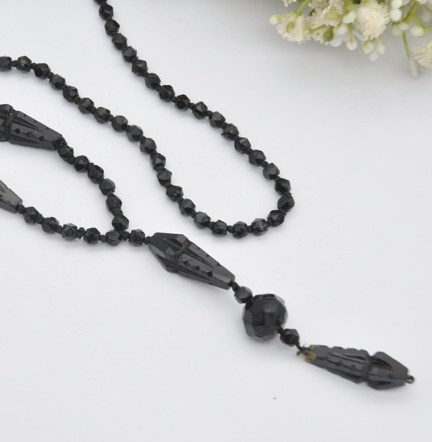 Antique French Jet Necklace - Long Black Beaded Glass