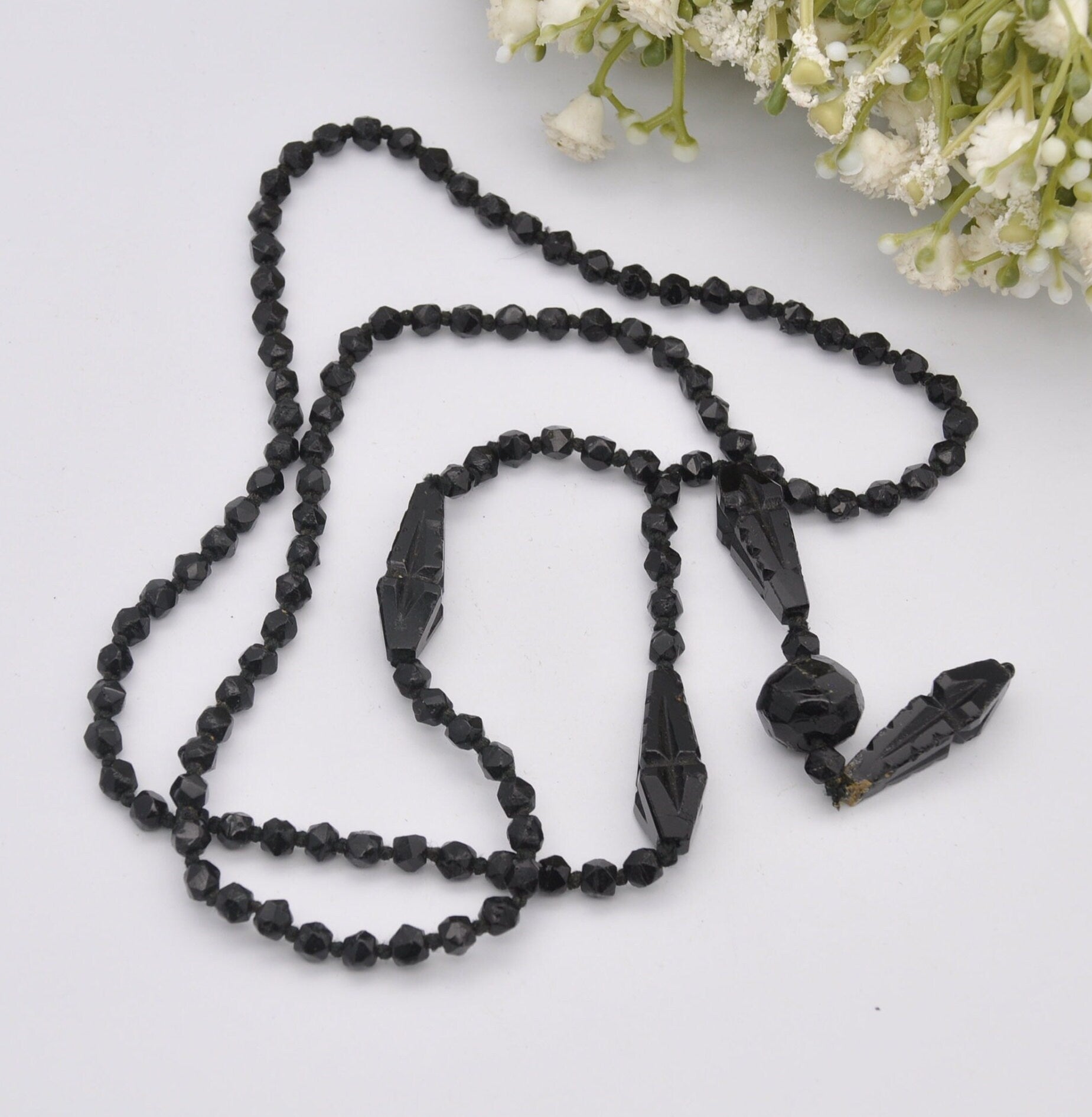 Antique French Jet Necklace - Long Black Beaded Glass