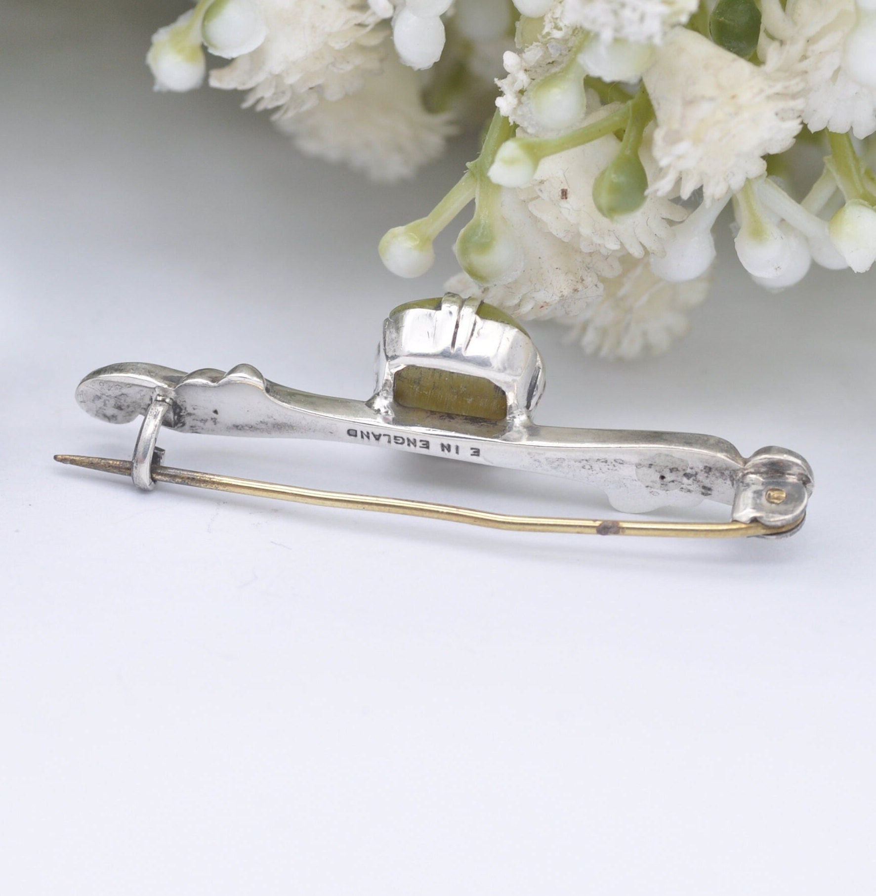 Vintage Sterling Silver Connemara Marble Bar Brooch - Art Deco 1930s