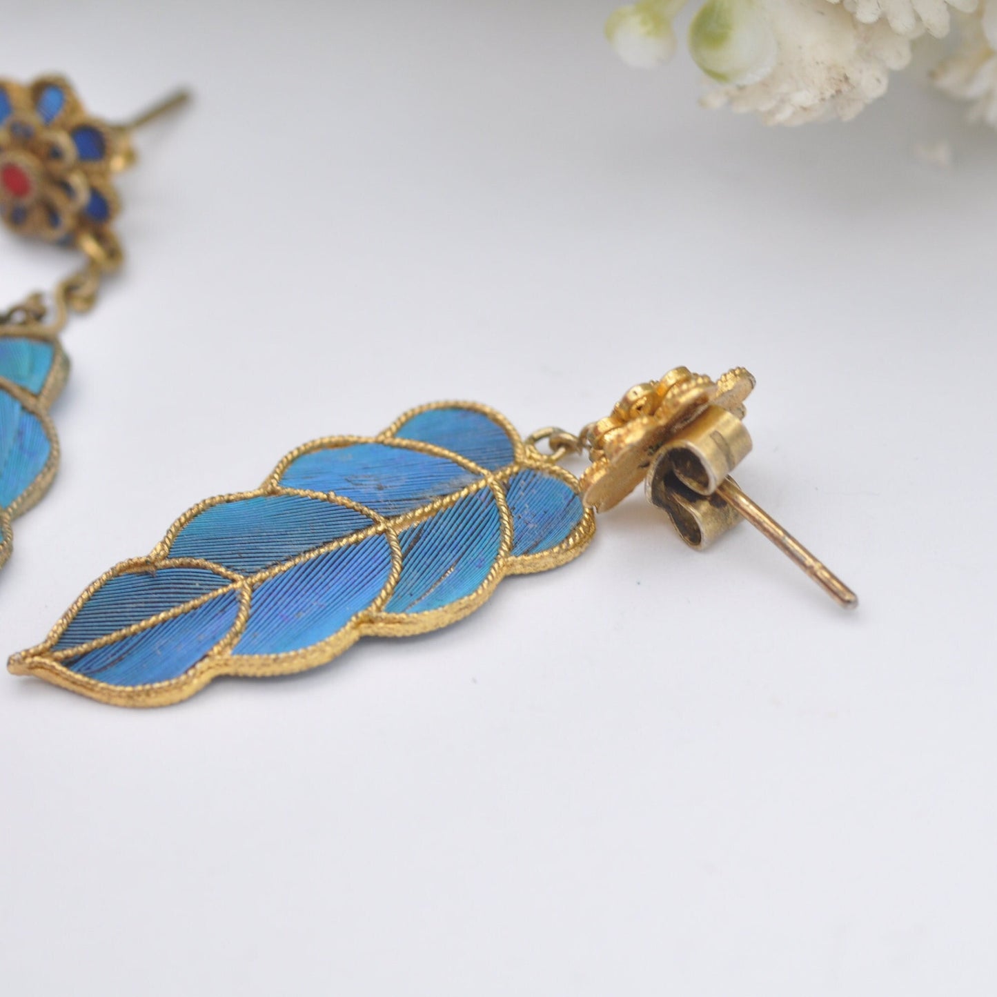 Vintage Kingfisher Feather Earrings - Flower Stud Drops | Chinese Kingfisher Wing