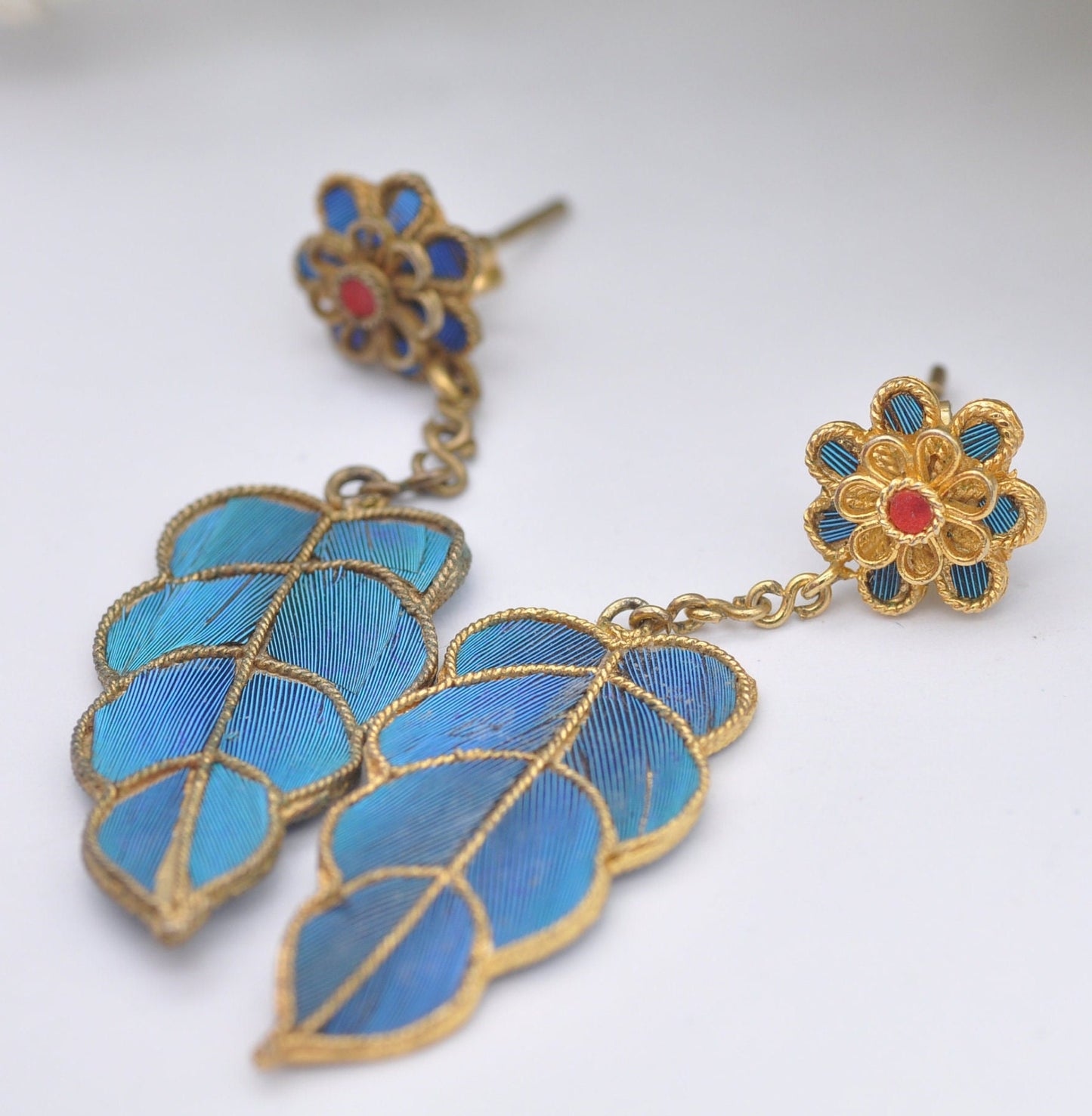 Vintage Kingfisher Feather Earrings - Flower Stud Drops | Chinese Kingfisher Wing