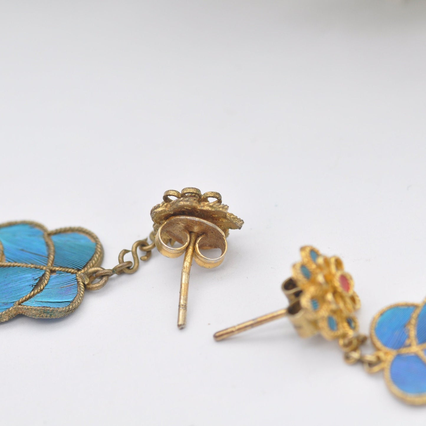 Vintage Kingfisher Feather Earrings - Flower Stud Drops | Chinese Kingfisher Wing