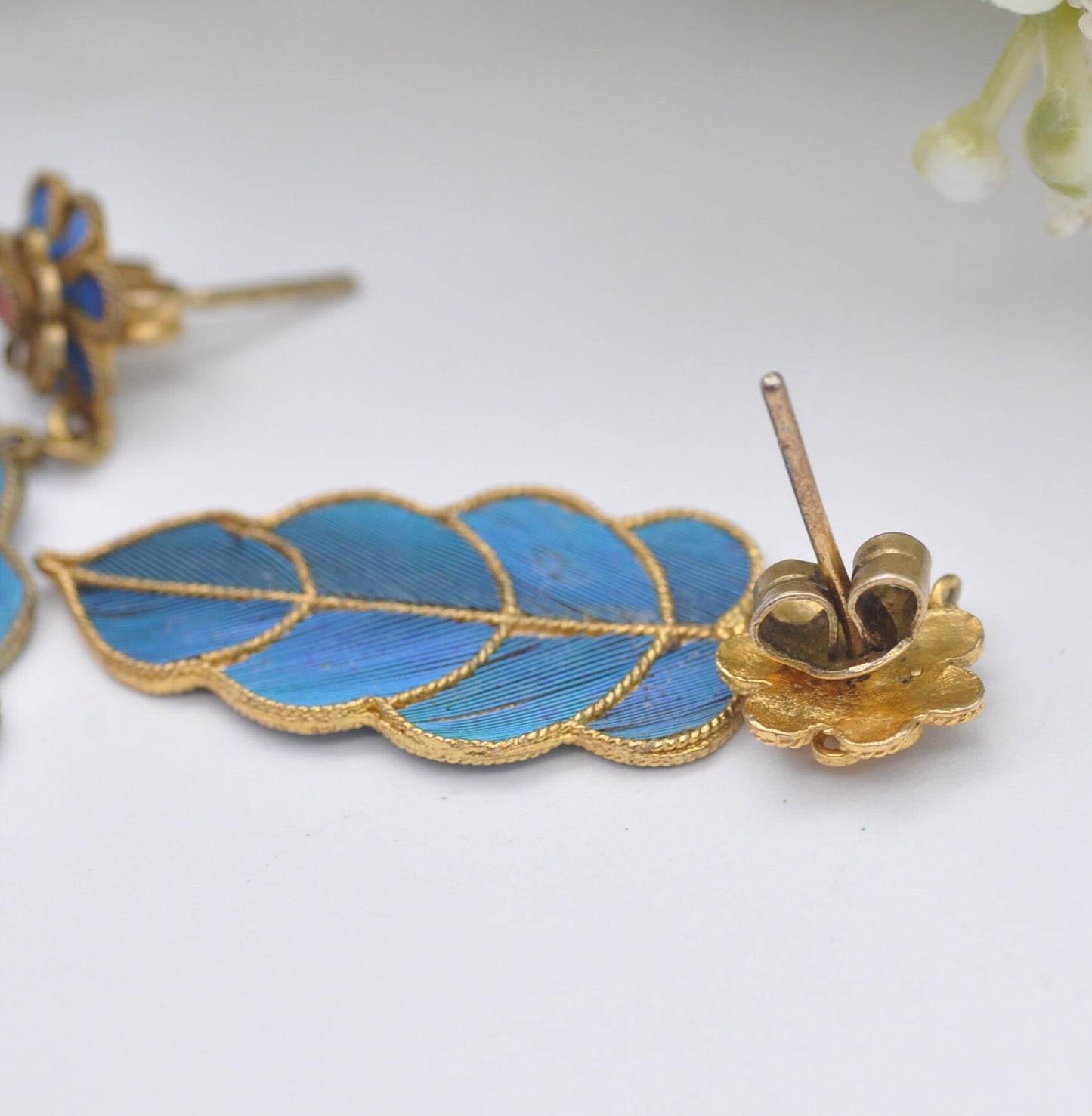 Vintage Kingfisher Feather Earrings - Flower Stud Drops | Chinese Kingfisher Wing