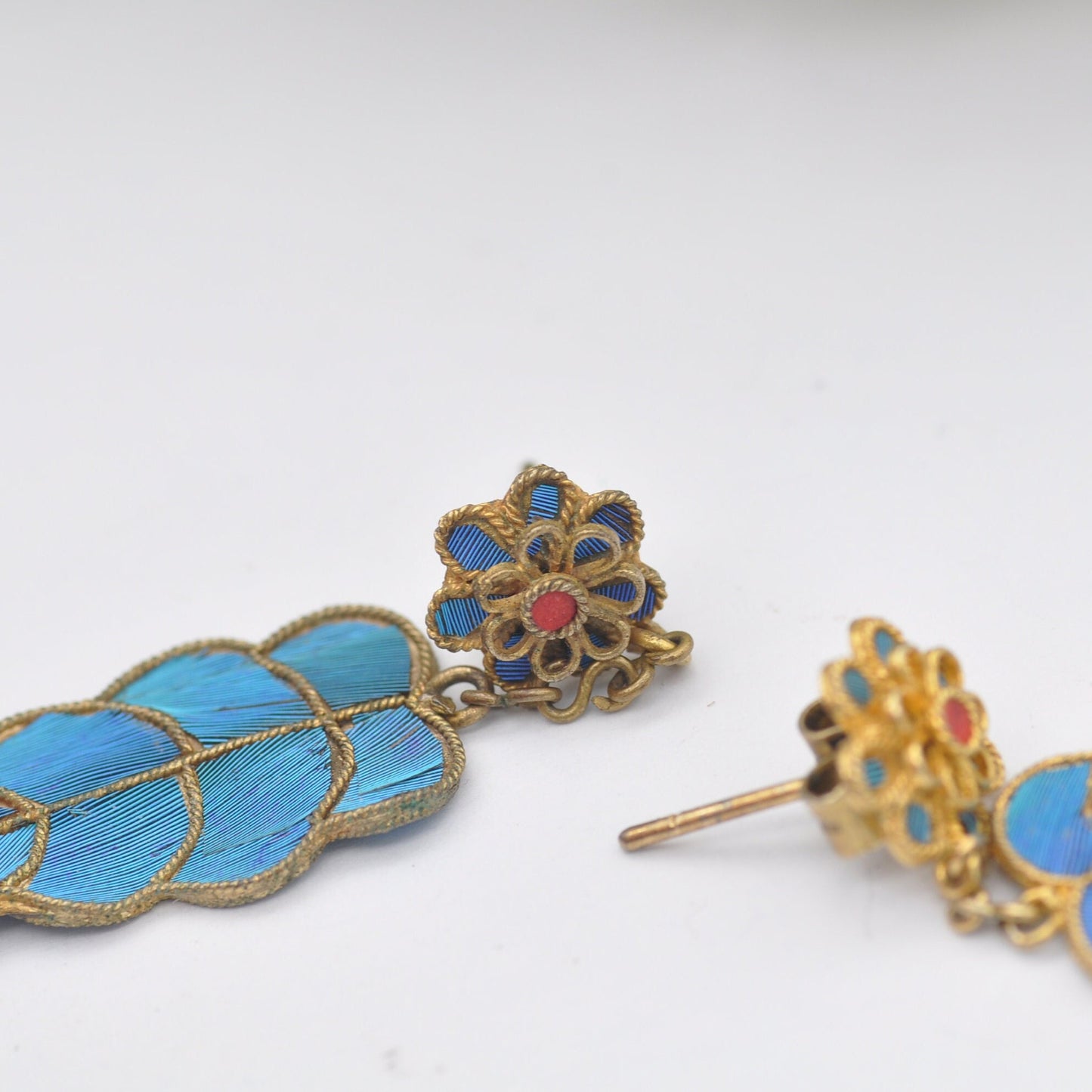 Vintage Kingfisher Feather Earrings - Flower Stud Drops | Chinese Kingfisher Wing