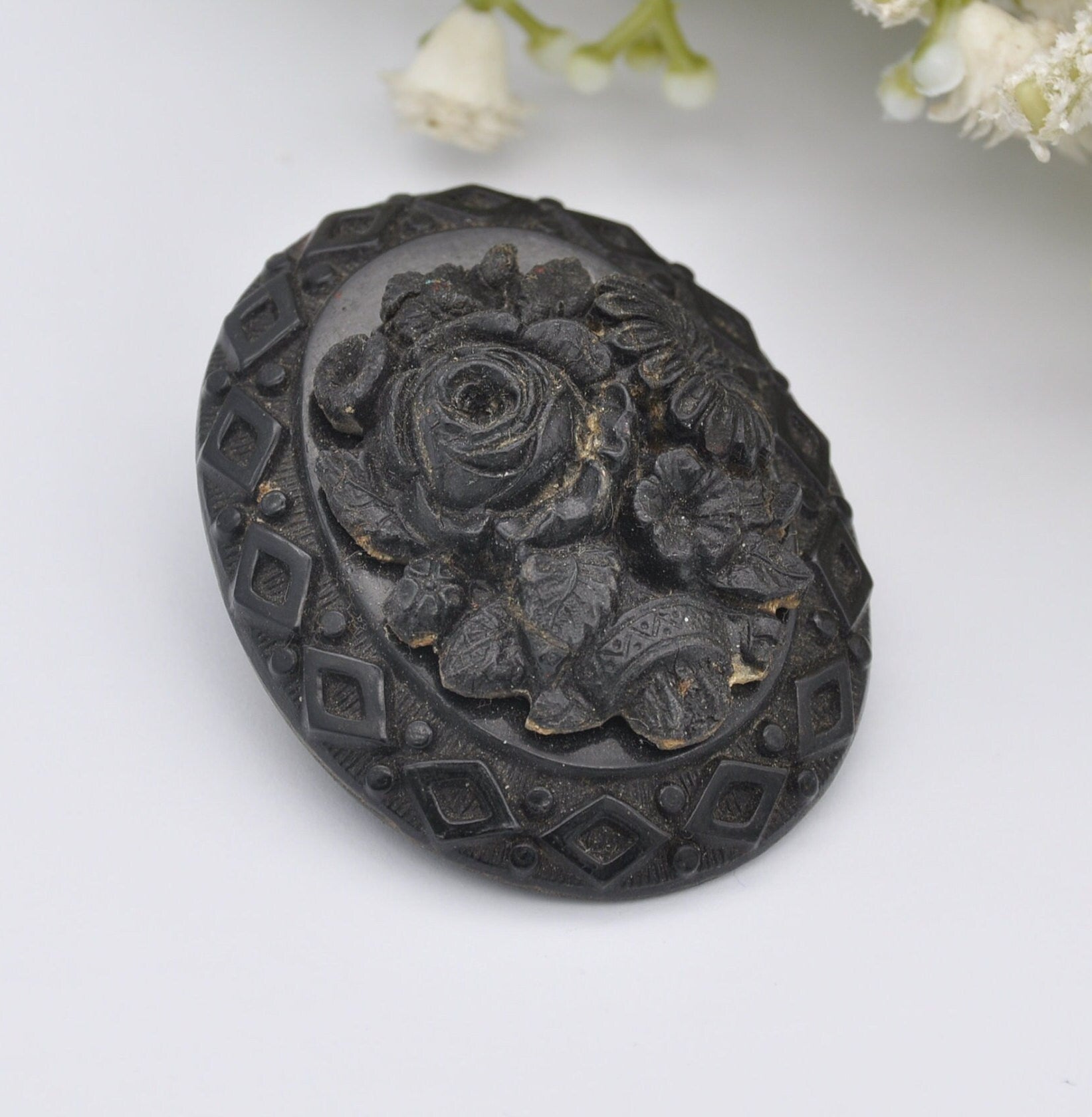 Antique Victorian Pressed Horn Black Mourning Brooch with Flower Design