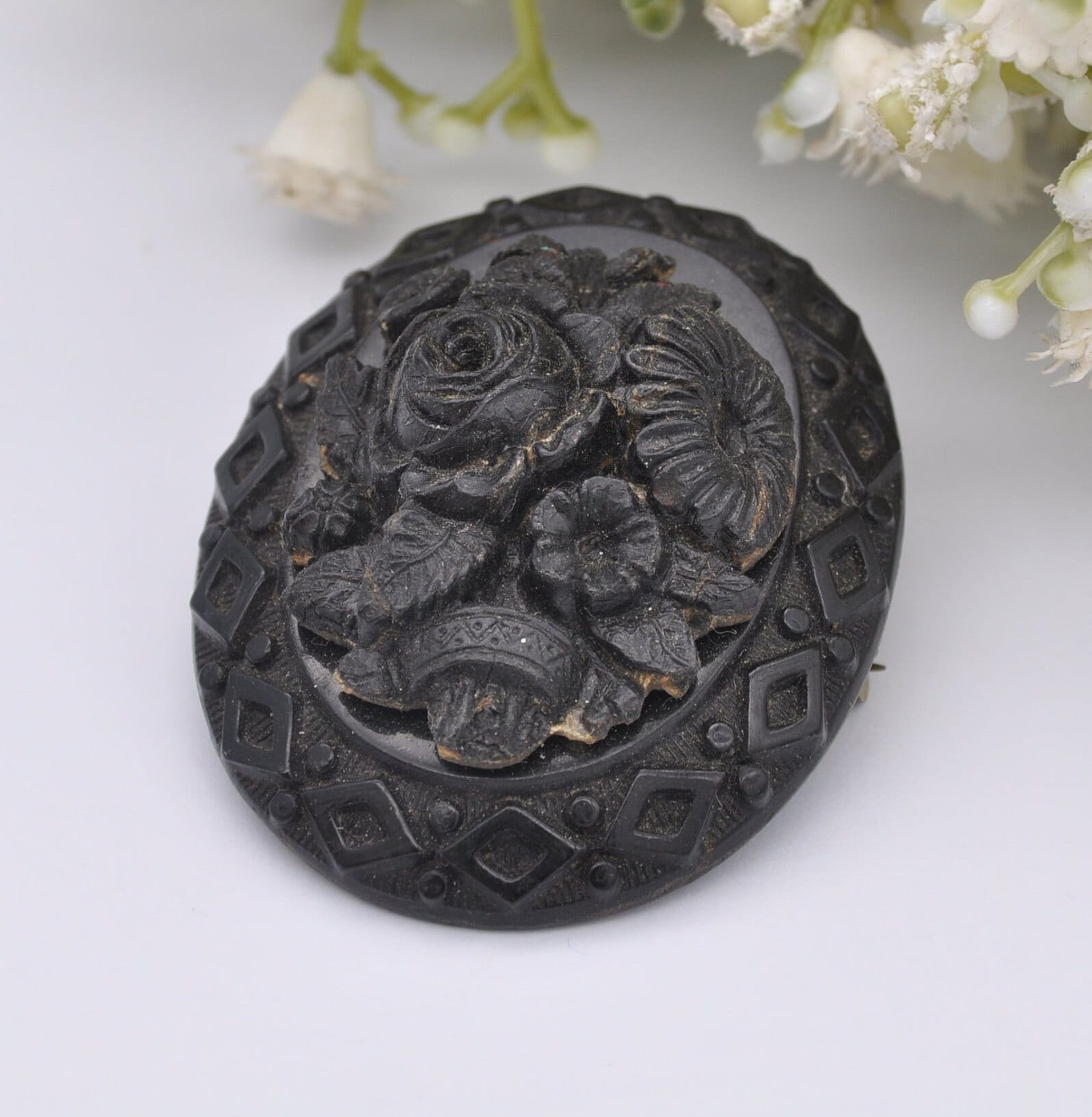 Antique Victorian Pressed Horn Black Mourning Brooch with Flower Design