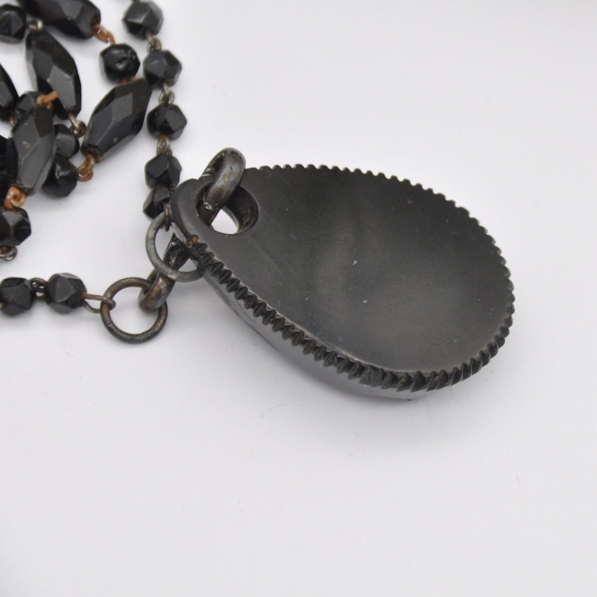 Antique Victorian Jet and Fossil Ammonite Pendant on a Long French Jet Guard Chain | Muff Chain