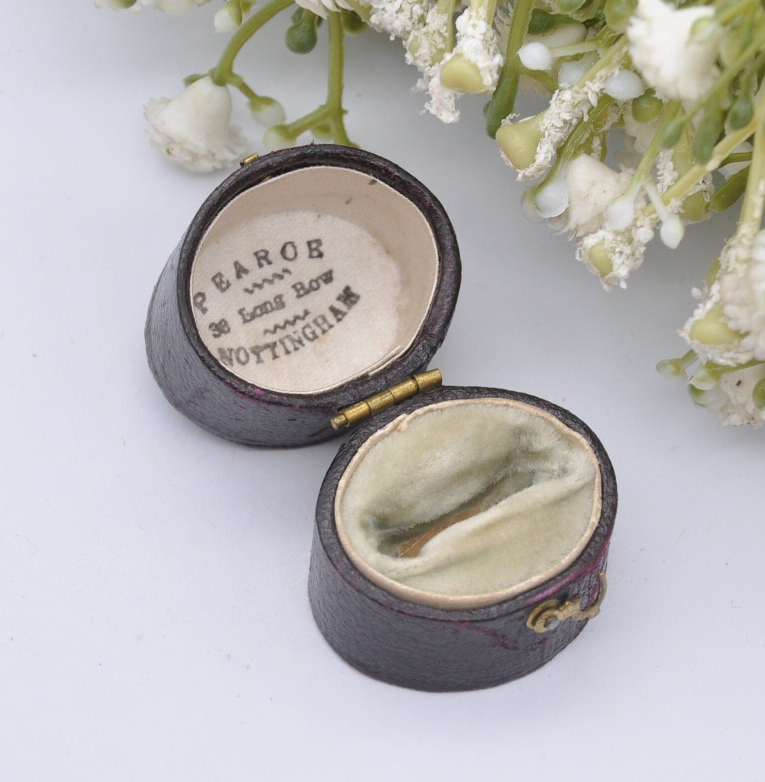 Antique Leather Oval Ring Box with Clasp Front - Pearce Nottingham Jewellers | Silk and Velvet Lined