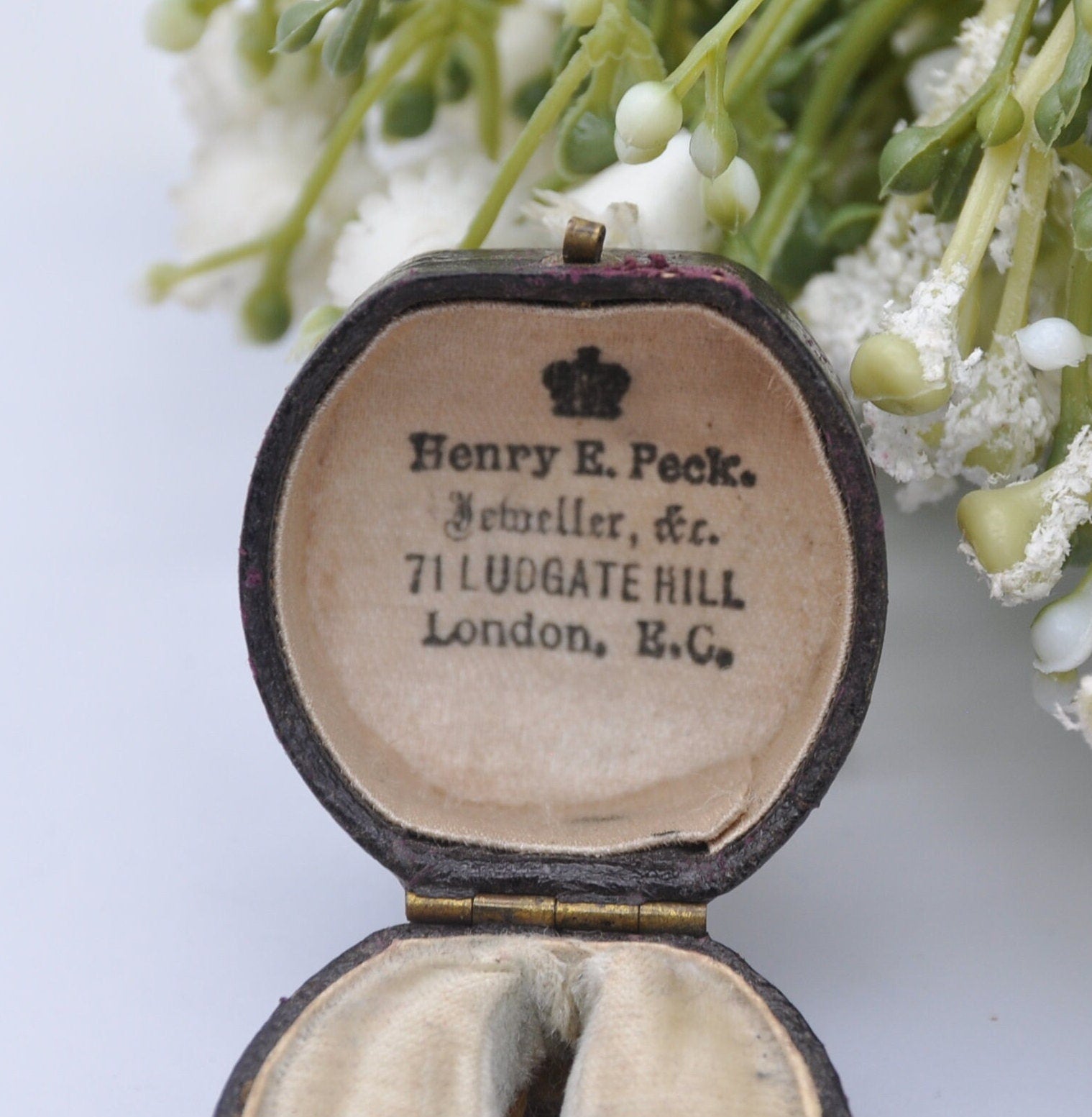 Antique Leather Squared Oval Ring Box with Clasp Front - Henry E. Peck London Jewellers | Silk and Velvet Lined