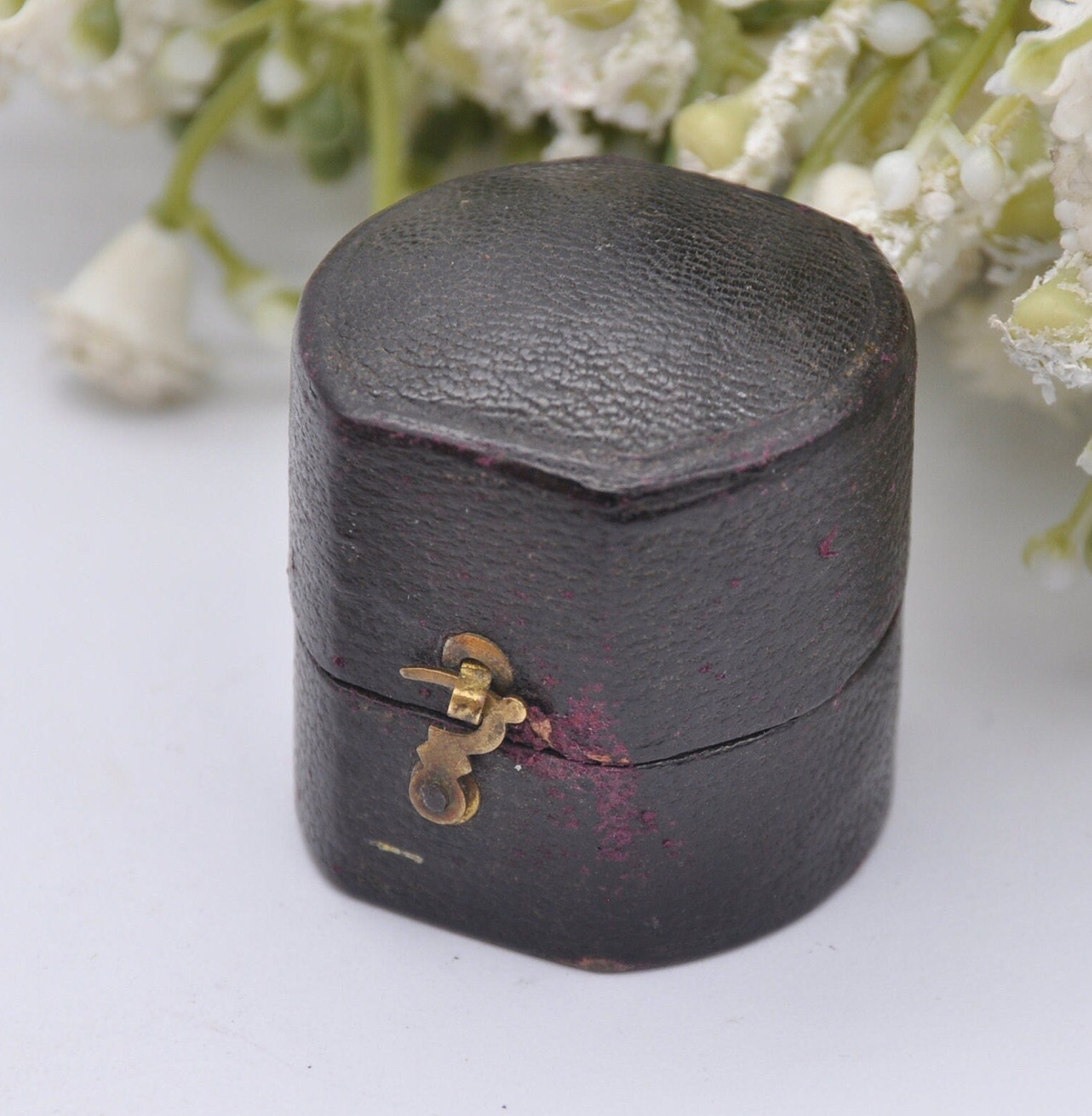 Antique Leather Squared Oval Ring Box with Clasp Front - Henry E. Peck London Jewellers | Silk and Velvet Lined