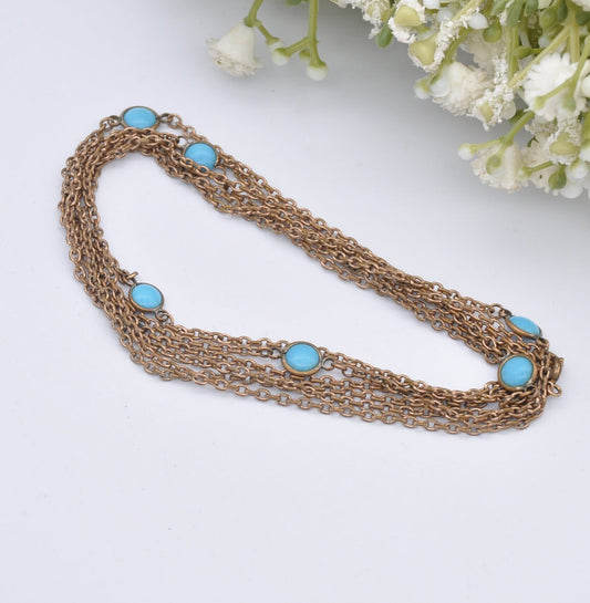 Vintage Rolled Gold Long Blue Glass Bead Chain Necklace - Turquoise Colour