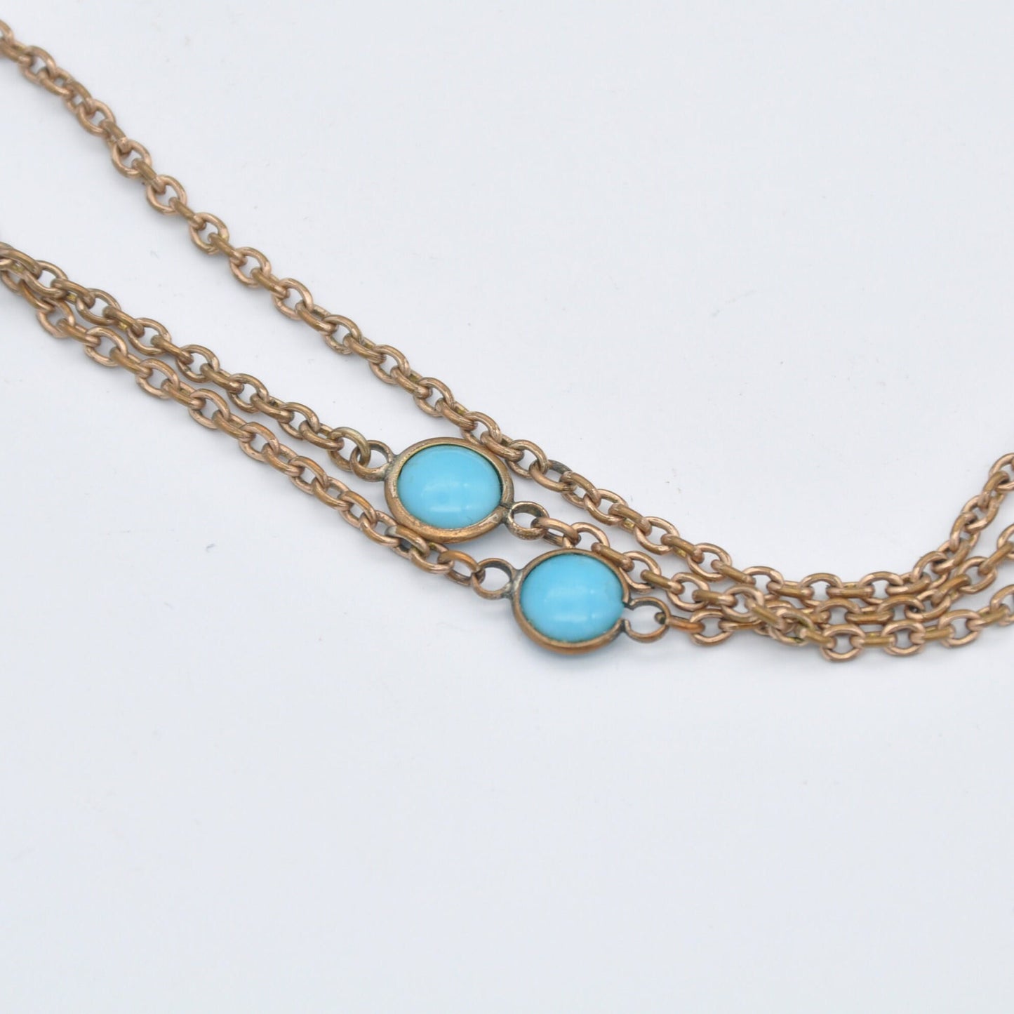 Vintage Rolled Gold Long Blue Glass Bead Chain Necklace - Turquoise Colour