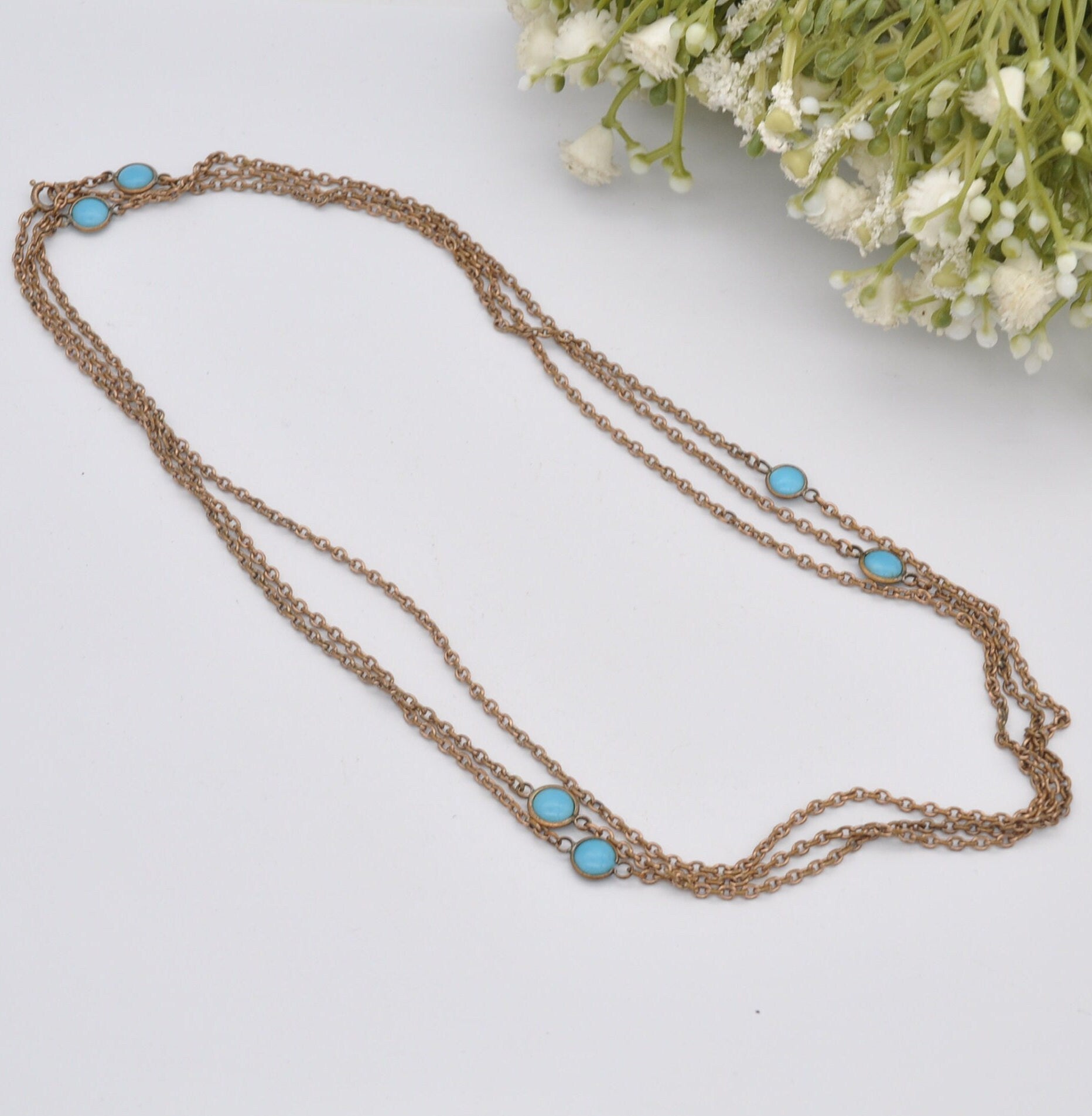 Vintage Rolled Gold Long Blue Glass Bead Chain Necklace - Turquoise Colour