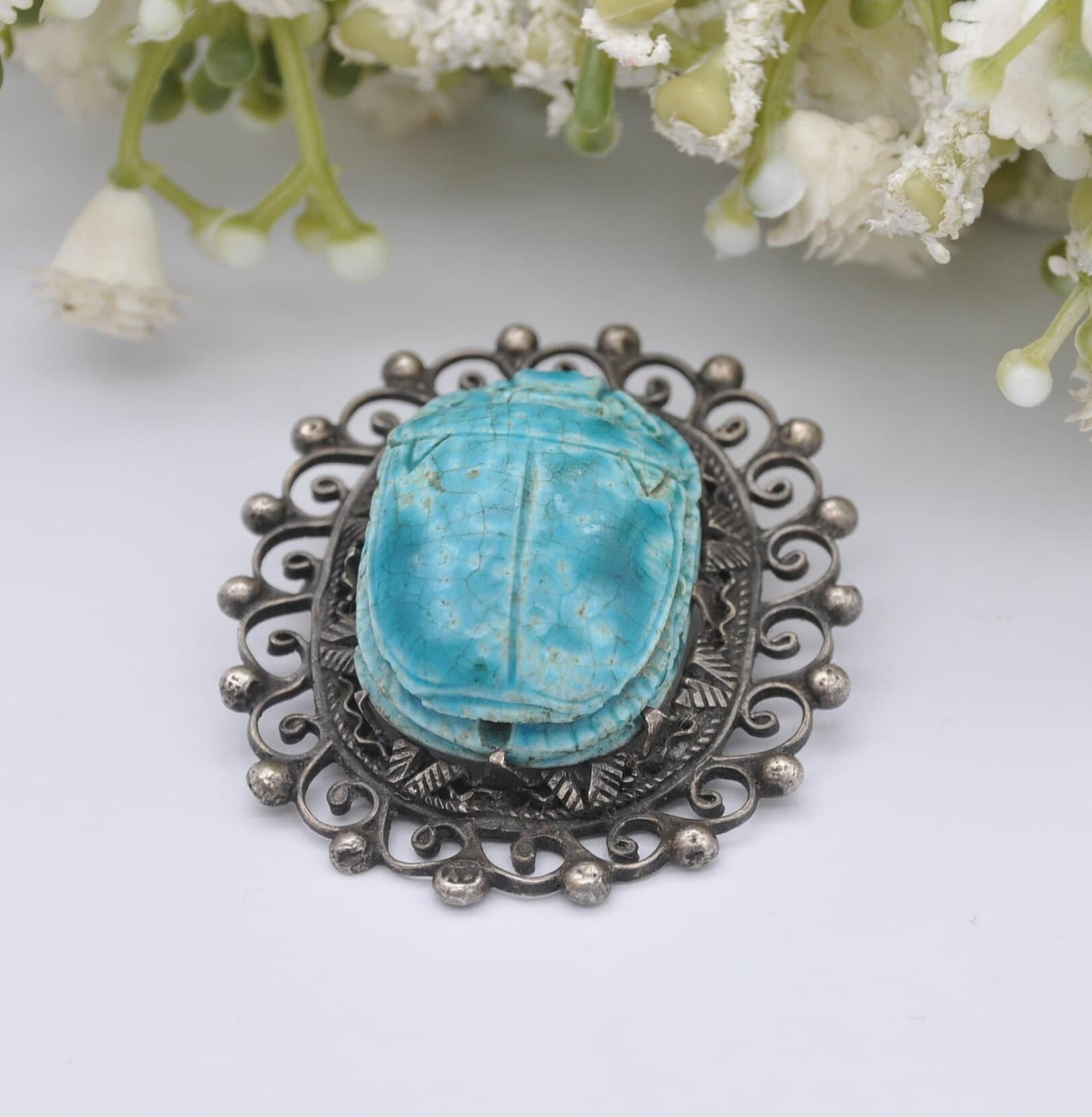 Vintage Egyptian Revival Silver Glazed Faience Scarab Brooch - Blue Beetle