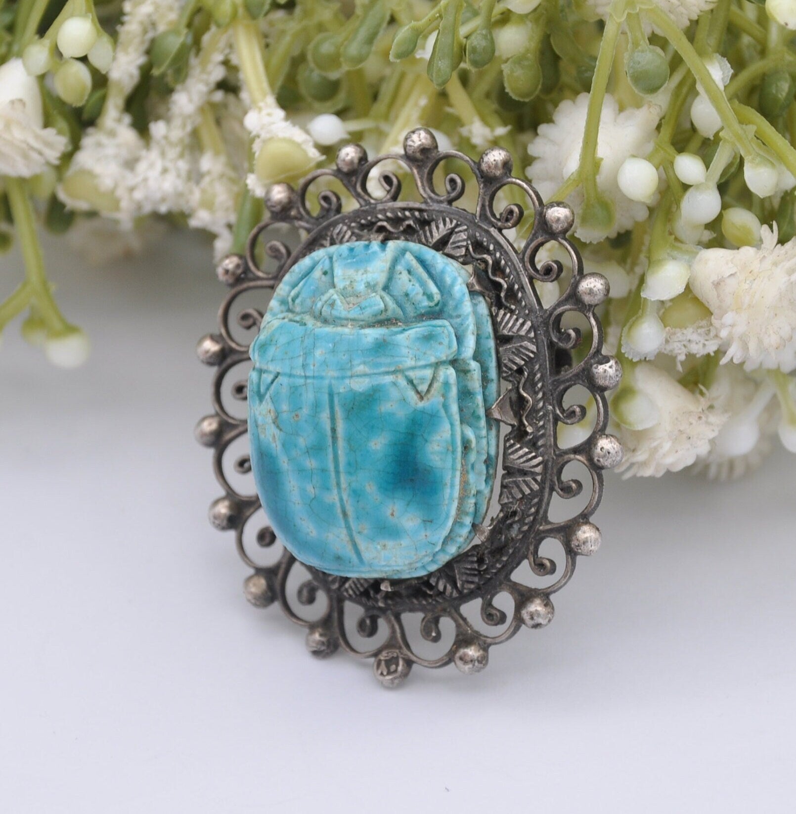 Vintage Egyptian Revival Silver Glazed Faience Scarab Brooch - Blue Beetle