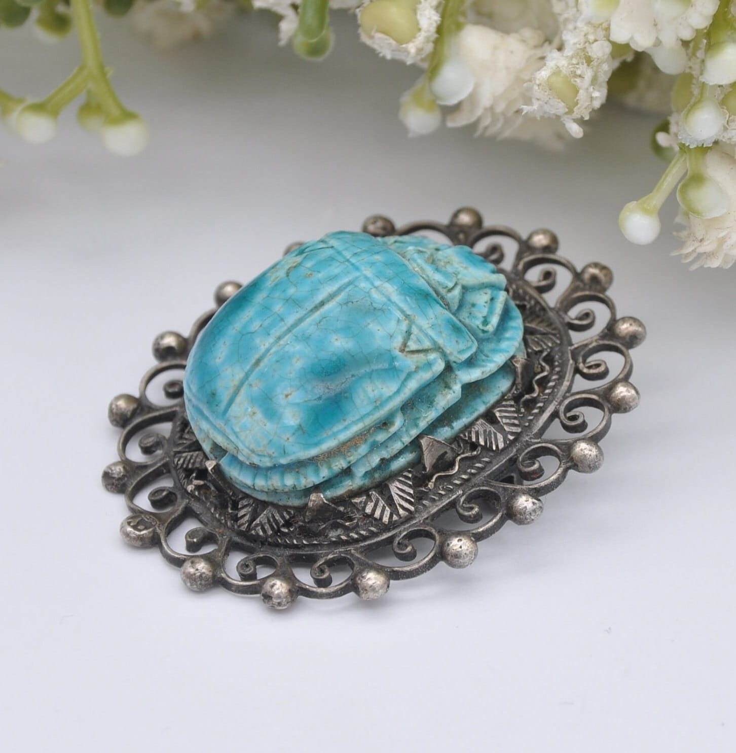 Vintage Egyptian Revival Silver Glazed Faience Scarab Brooch - Blue Beetle