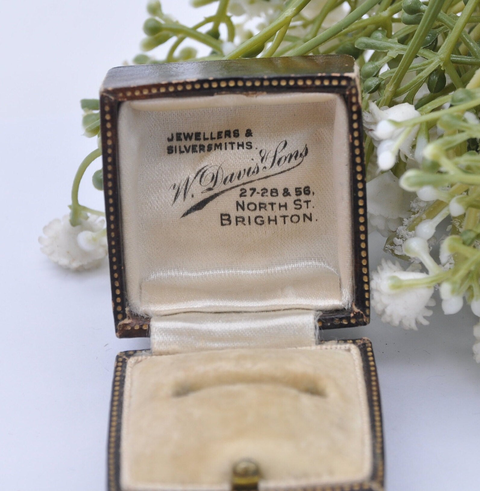Antique Leather Ring Box with Gold Tooling -W. Davis & Sons Brighton Jewellers | Silk and Velvet Lined