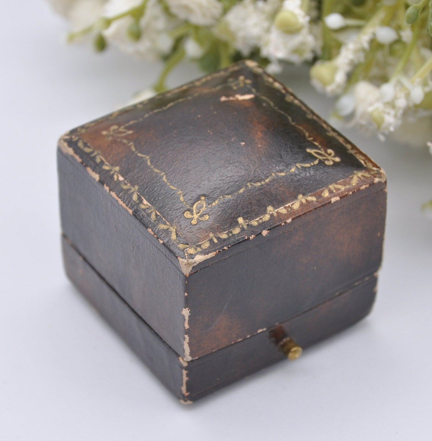 Antique Leather Ring Box with Gold Tooling -W. Davis & Sons Brighton Jewellers | Silk and Velvet Lined