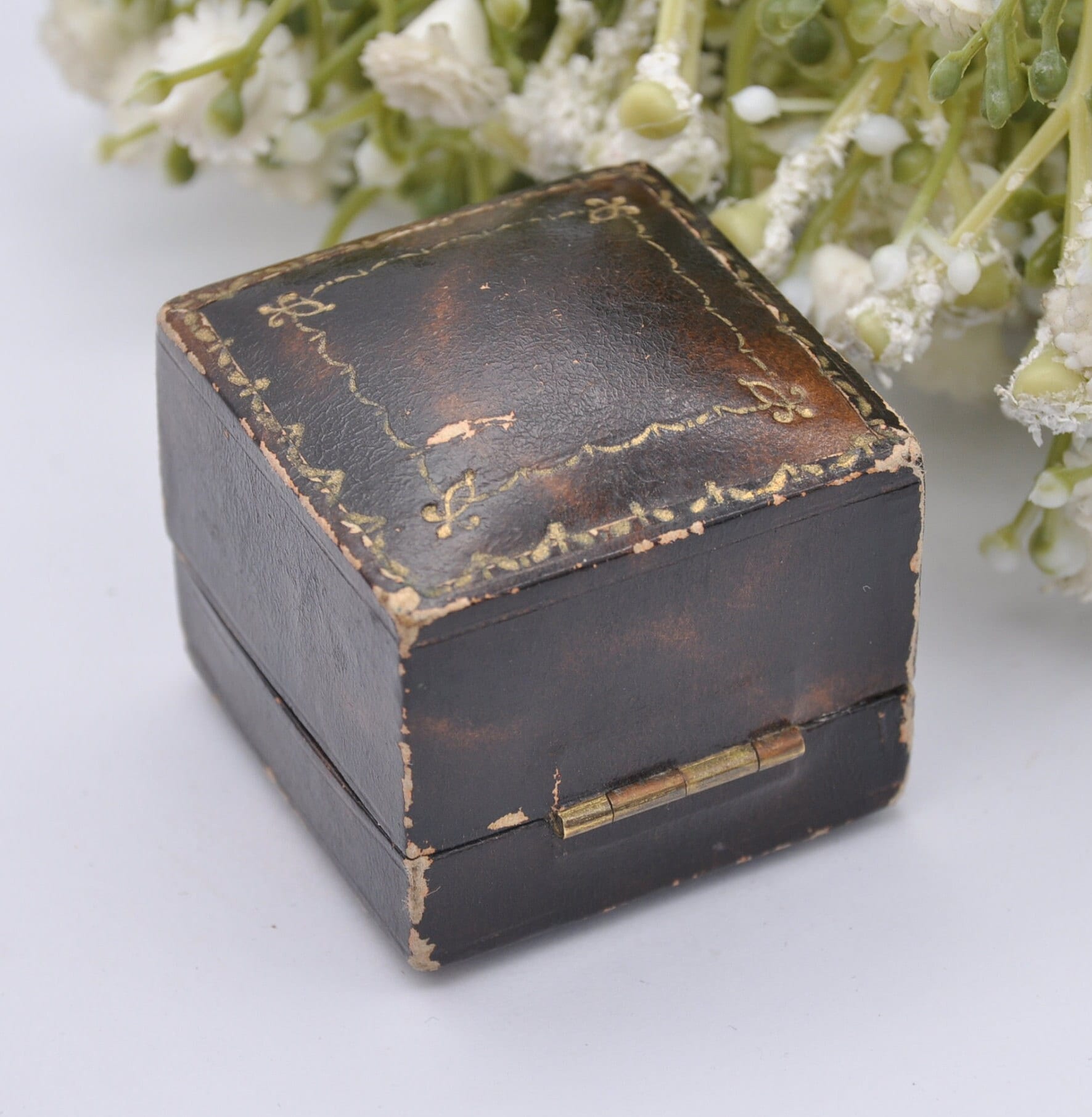 Antique Leather Ring Box with Gold Tooling -W. Davis & Sons Brighton Jewellers | Silk and Velvet Lined