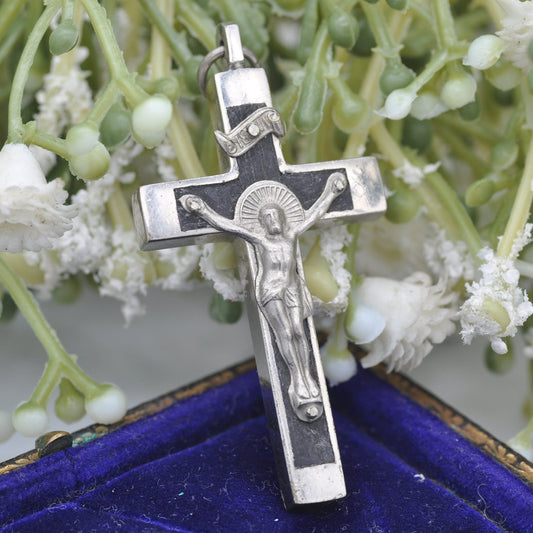 Vintage Wood Jesus on the Cross Pendant with Silver Tone Frame - INRI Cross