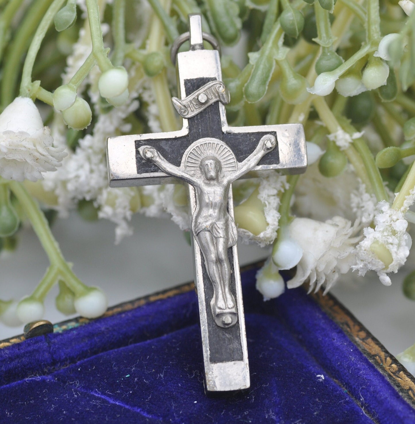 Vintage Wood Jesus on the Cross Pendant with Silver Tone Frame - INRI Cross