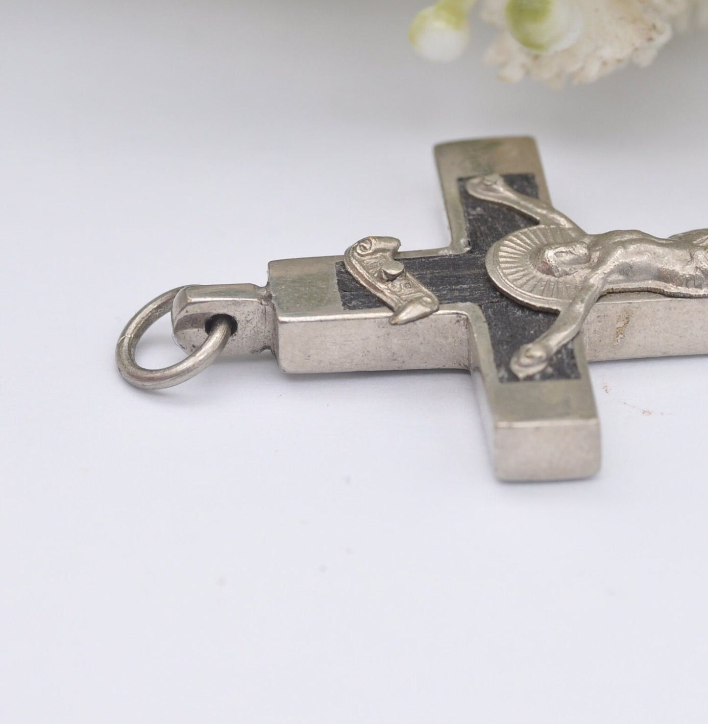 Vintage Wood Jesus on the Cross Pendant with Silver Tone Frame - INRI Cross