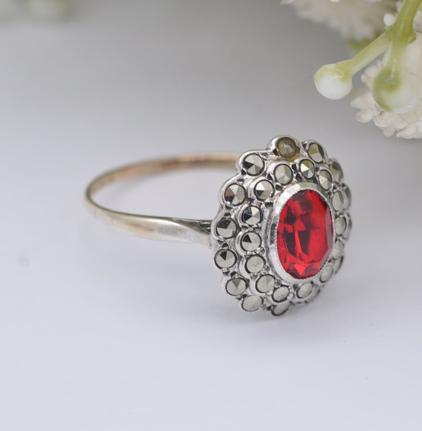 Vintage 9ct Gold Sterling Silver Red Paste Marcasite Floral Cluster Ring