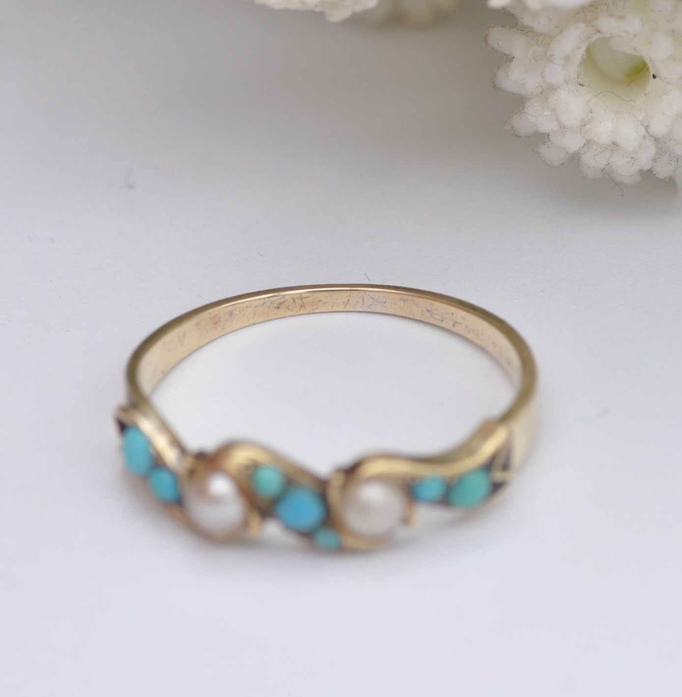 Antique 9ct Gold Turquoise and Pearl Ring