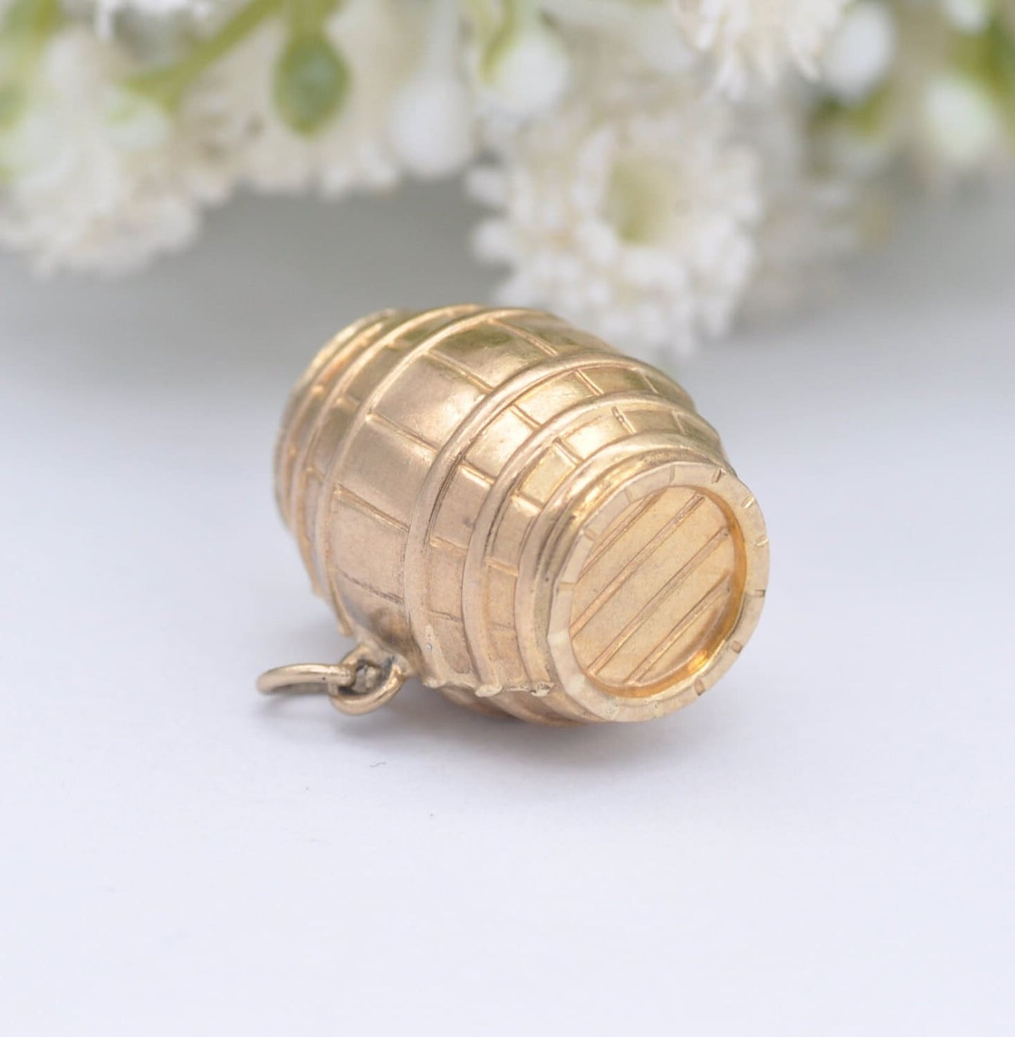 Vintage 9ct Gold Whiskey Barrel Charm Pendant by Fred Manshaw 1973