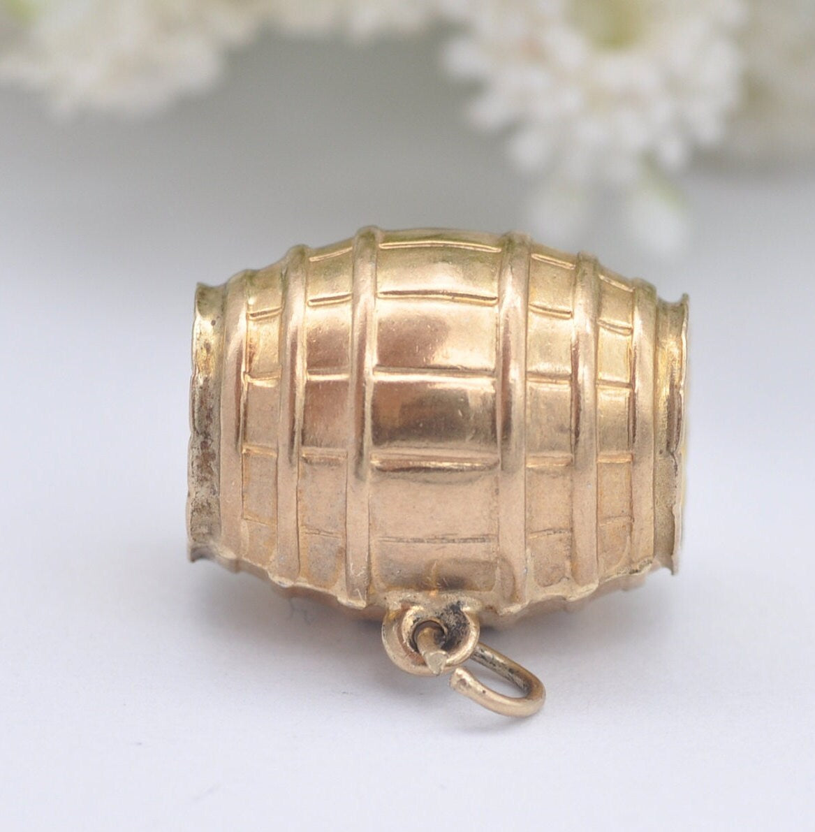 Vintage 9ct Gold Whiskey Barrel Charm Pendant by Fred Manshaw 1973