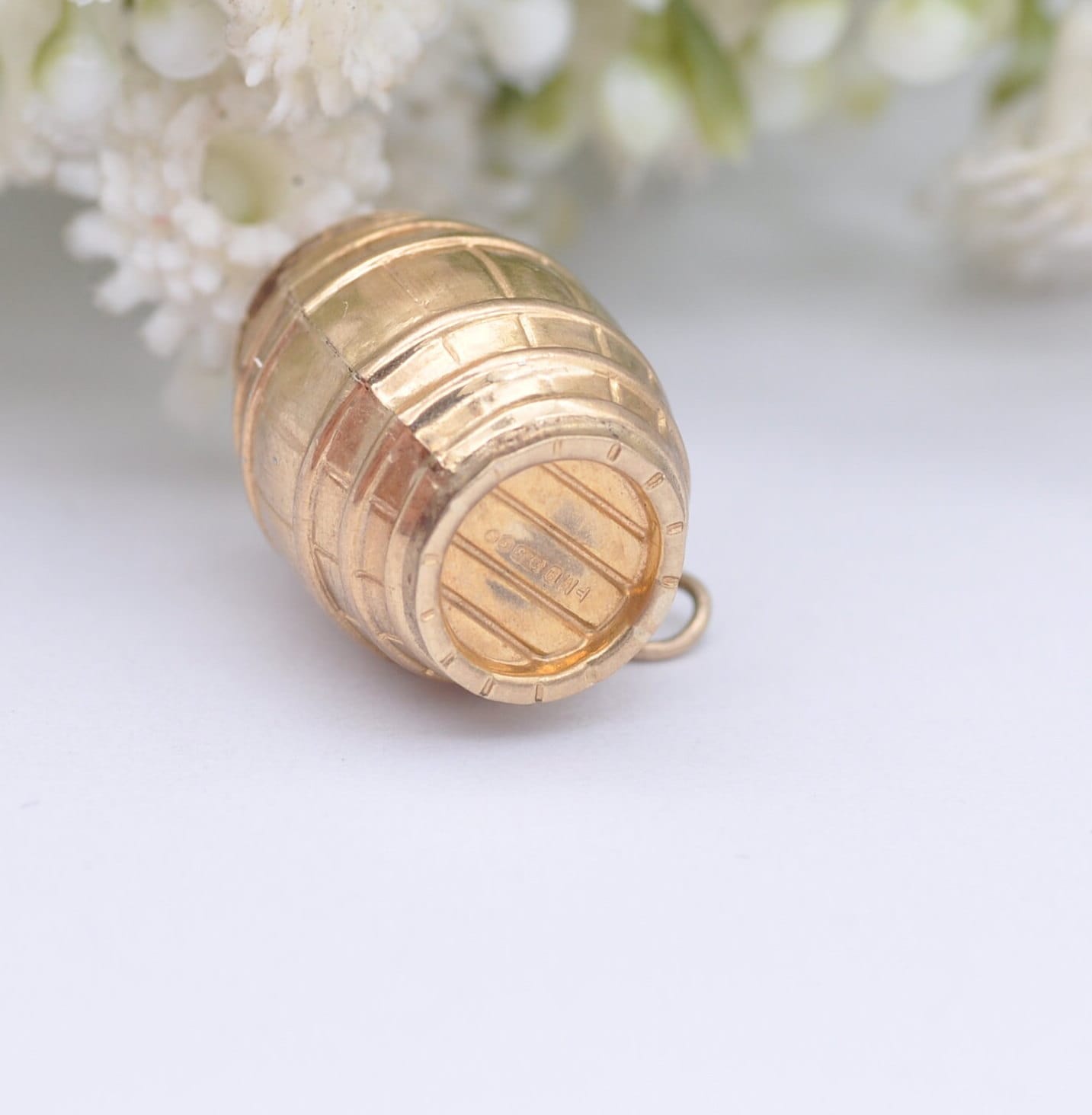 Vintage 9ct Gold Whiskey Barrel Charm Pendant by Fred Manshaw 1973